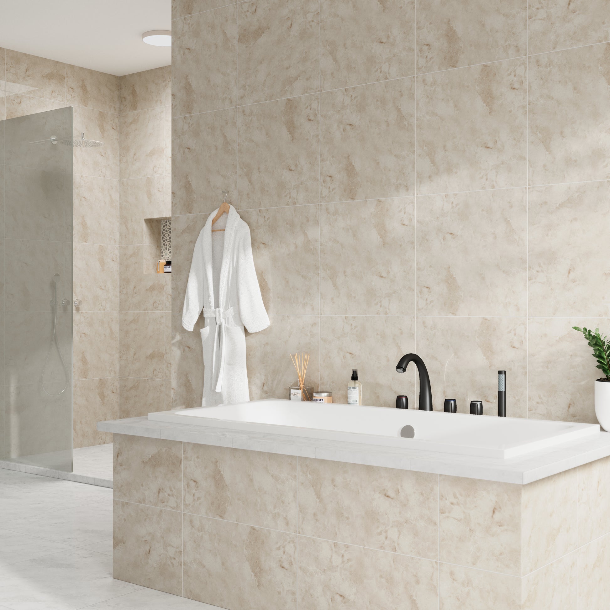 3-Handle Deck-Mounted Waterfall Roman Tub Faucet with Hand Shower