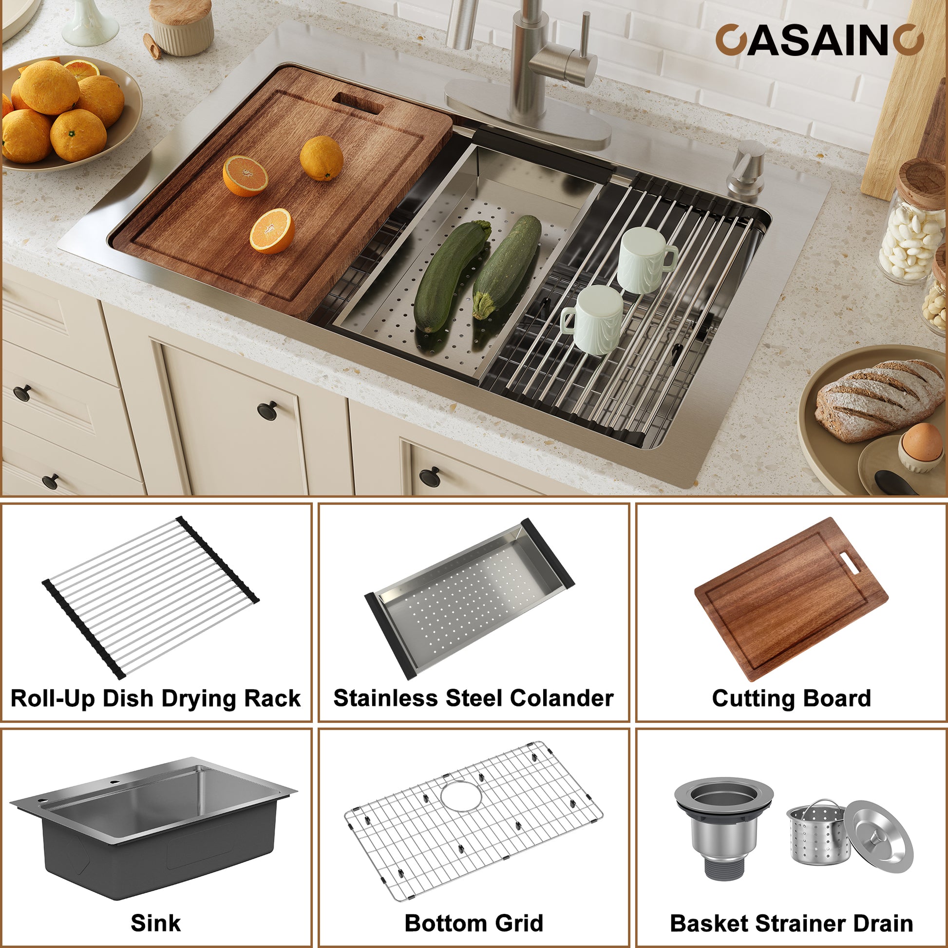 CASAINC 33 inch Stainless Steel Topmount Workstation Kitchen Sink