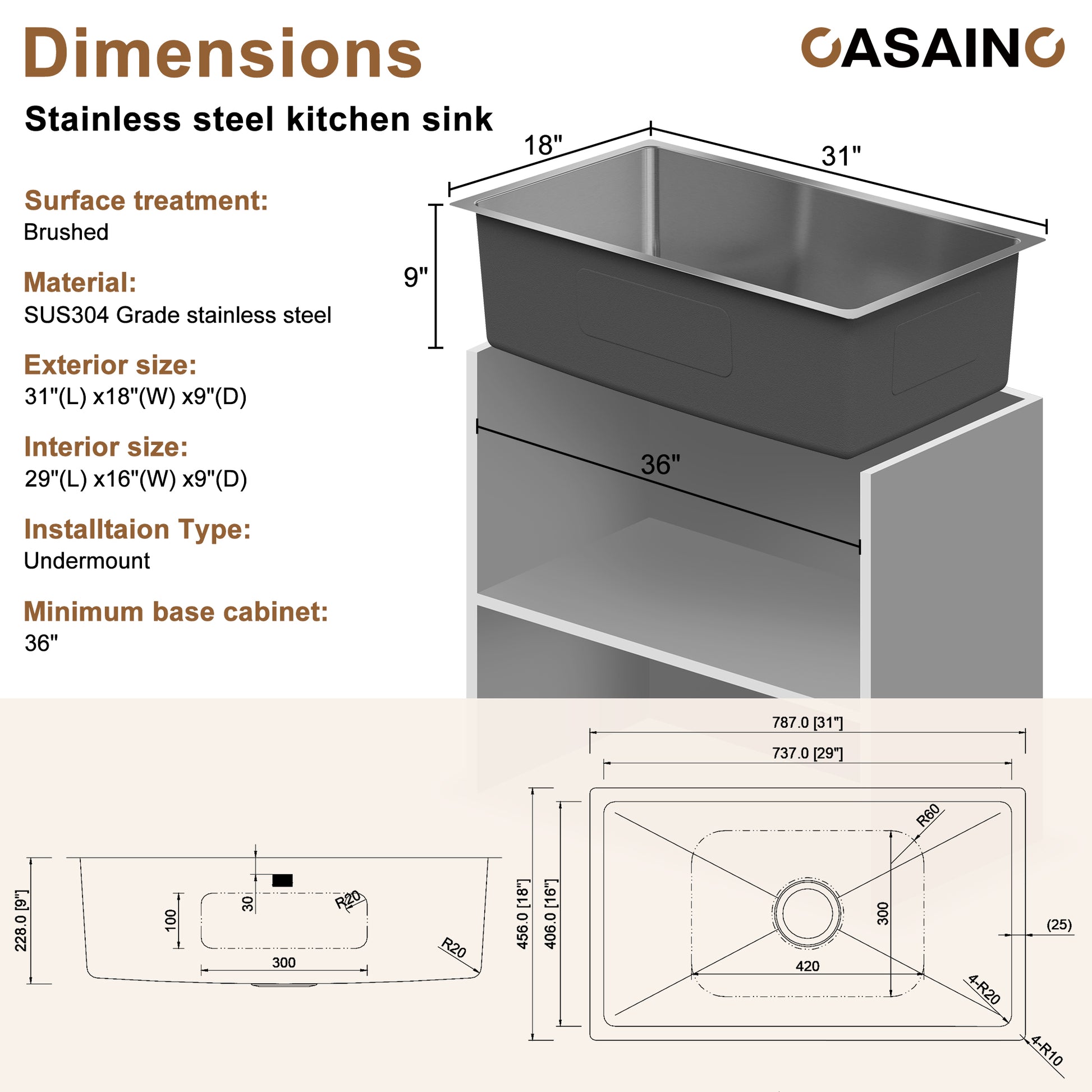 CASAINC 31 inch SUS304 Stainless Steel Undermount Workstation Kitchen Sink 18 gauge