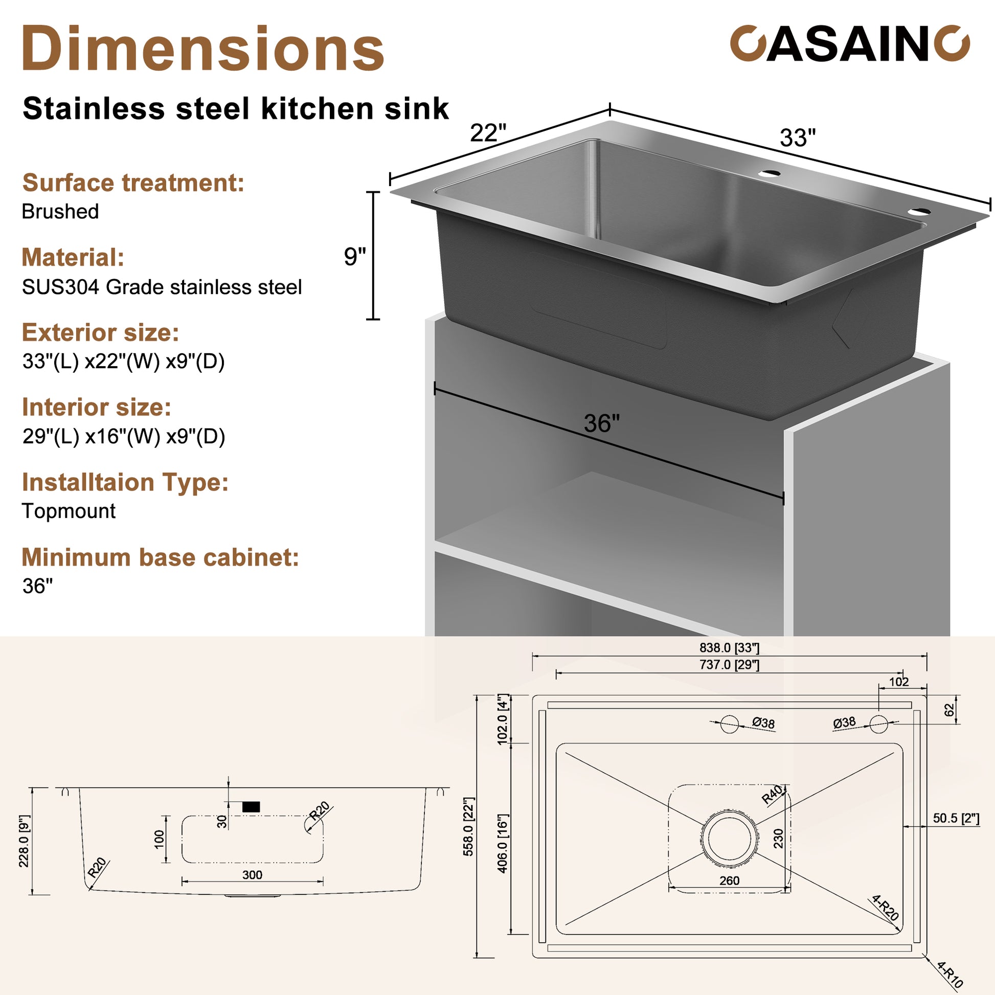 CASAINC 33 inch SUS304 Stainless Steel Topmount Workstation Kitchen Sink 18 gauge