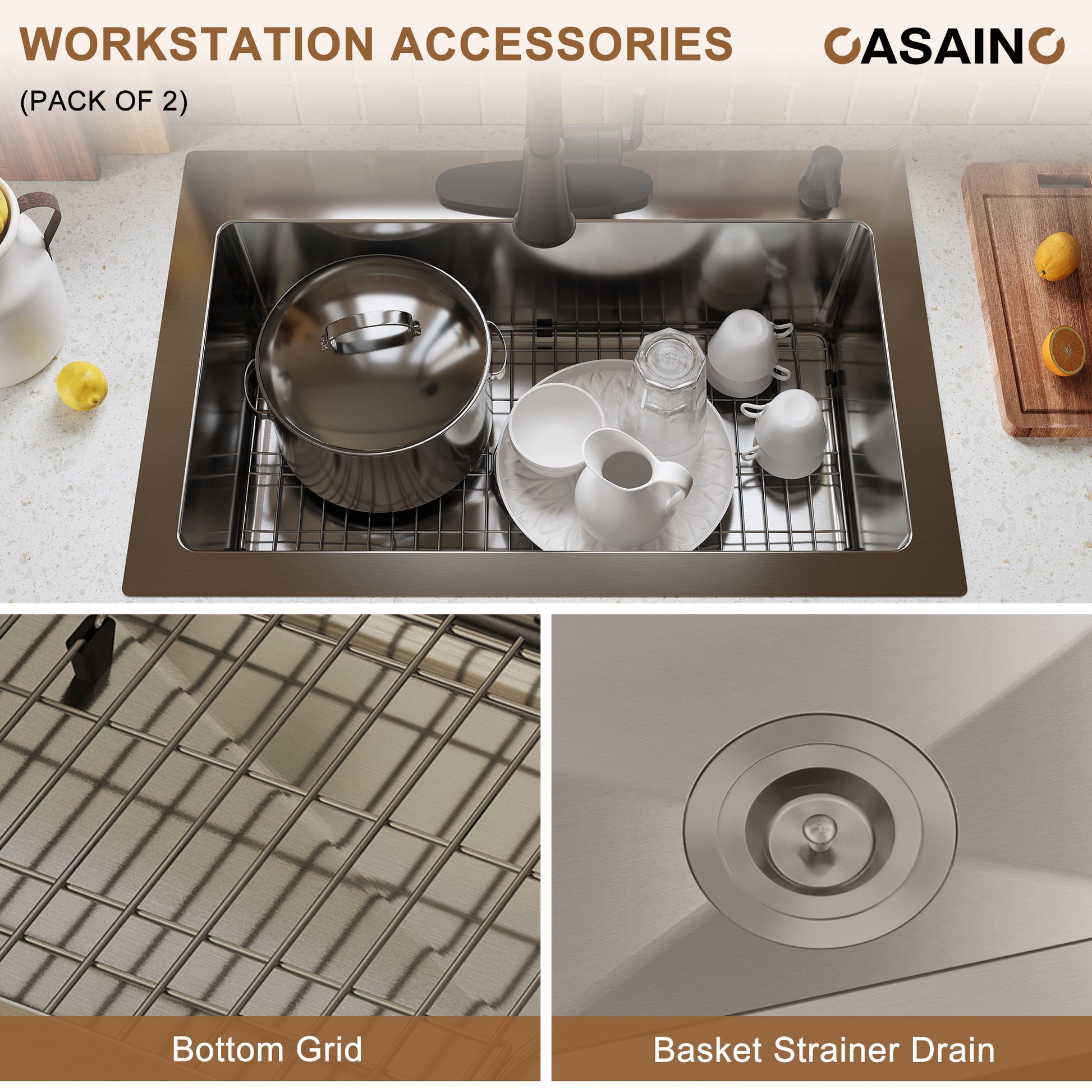 CASAINC 33 inch SUS304 Stainless Steel Topmount Workstation Kitchen Sink 18 gauge