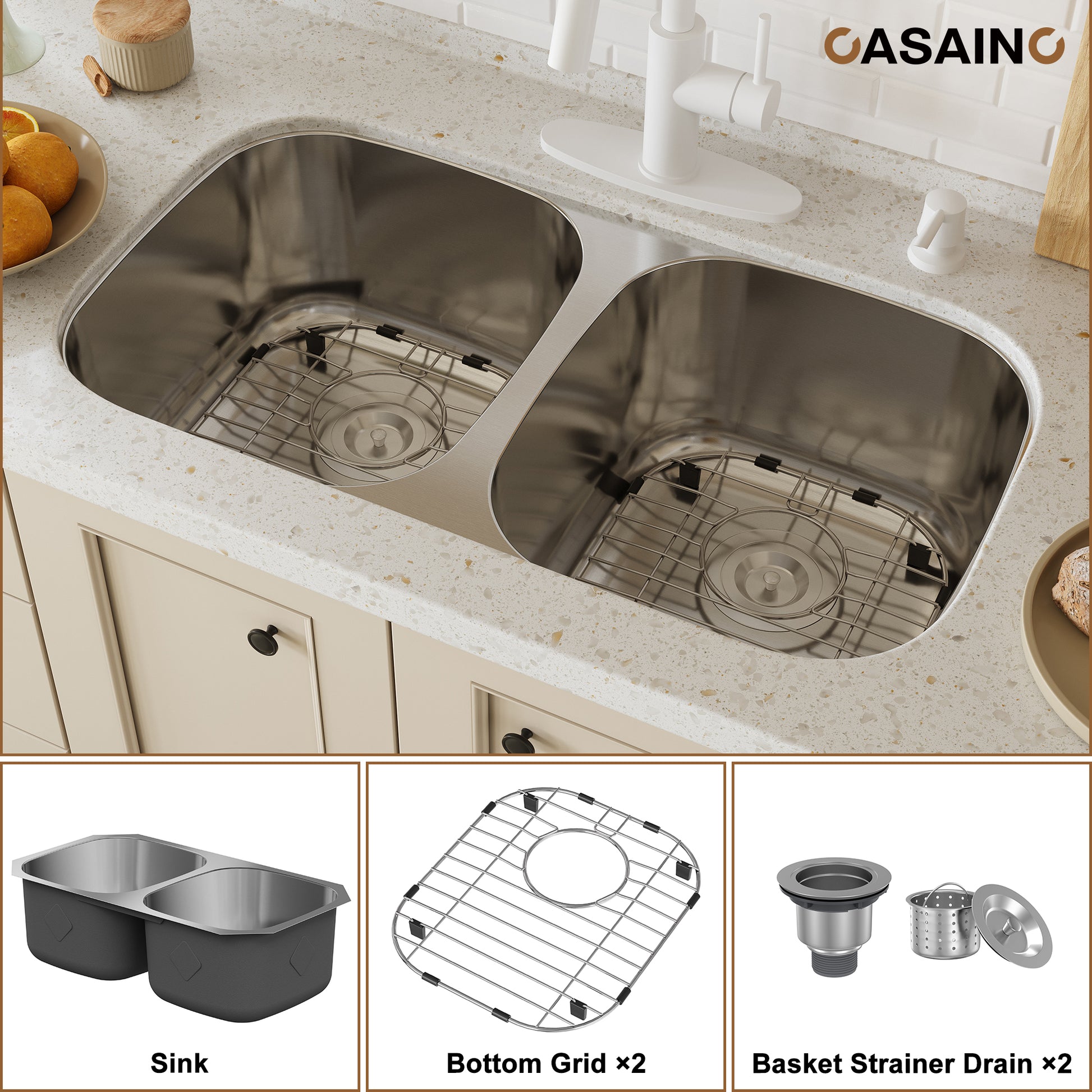 CASAINC 32 inch SUS304 Stainless Steel Double Bowl Undermount Workstation Kitchen Sink 18 gauge