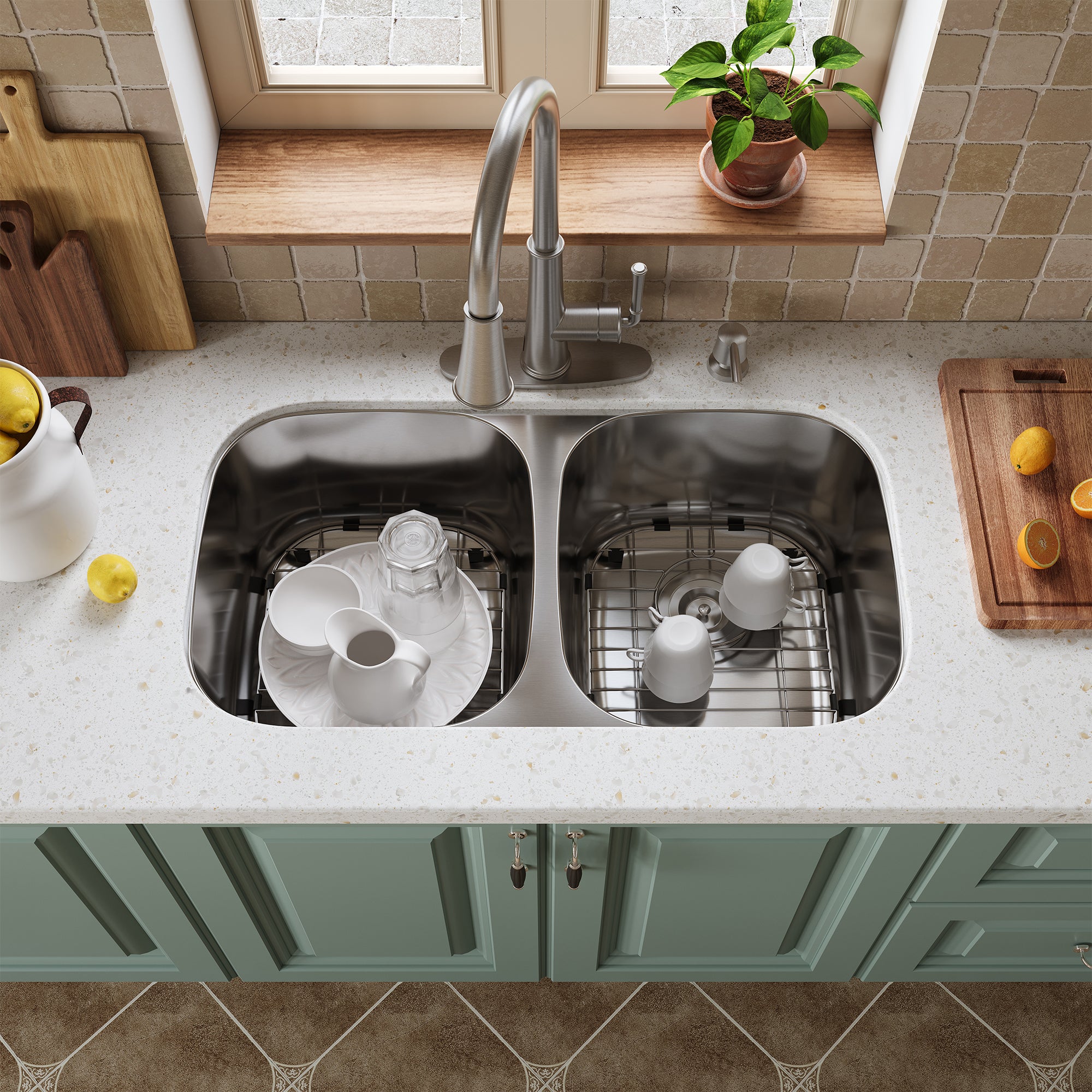 CASAINC 32 inch SUS304 Stainless Steel Double Bowl Undermount Workstation Kitchen Sink 18 gauge