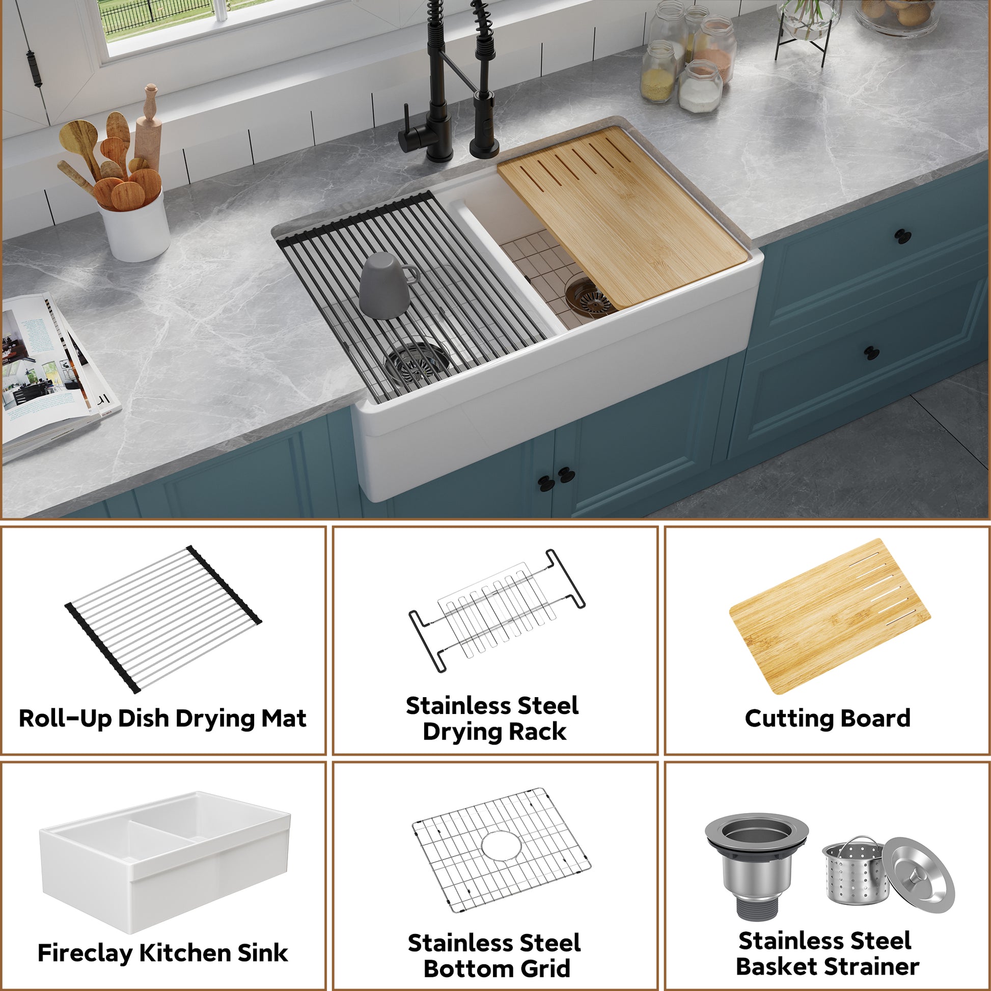White 33-Inch Double Bowl Fireclay Farmhouse Sink Glossy Apron Front Kitchen Sink