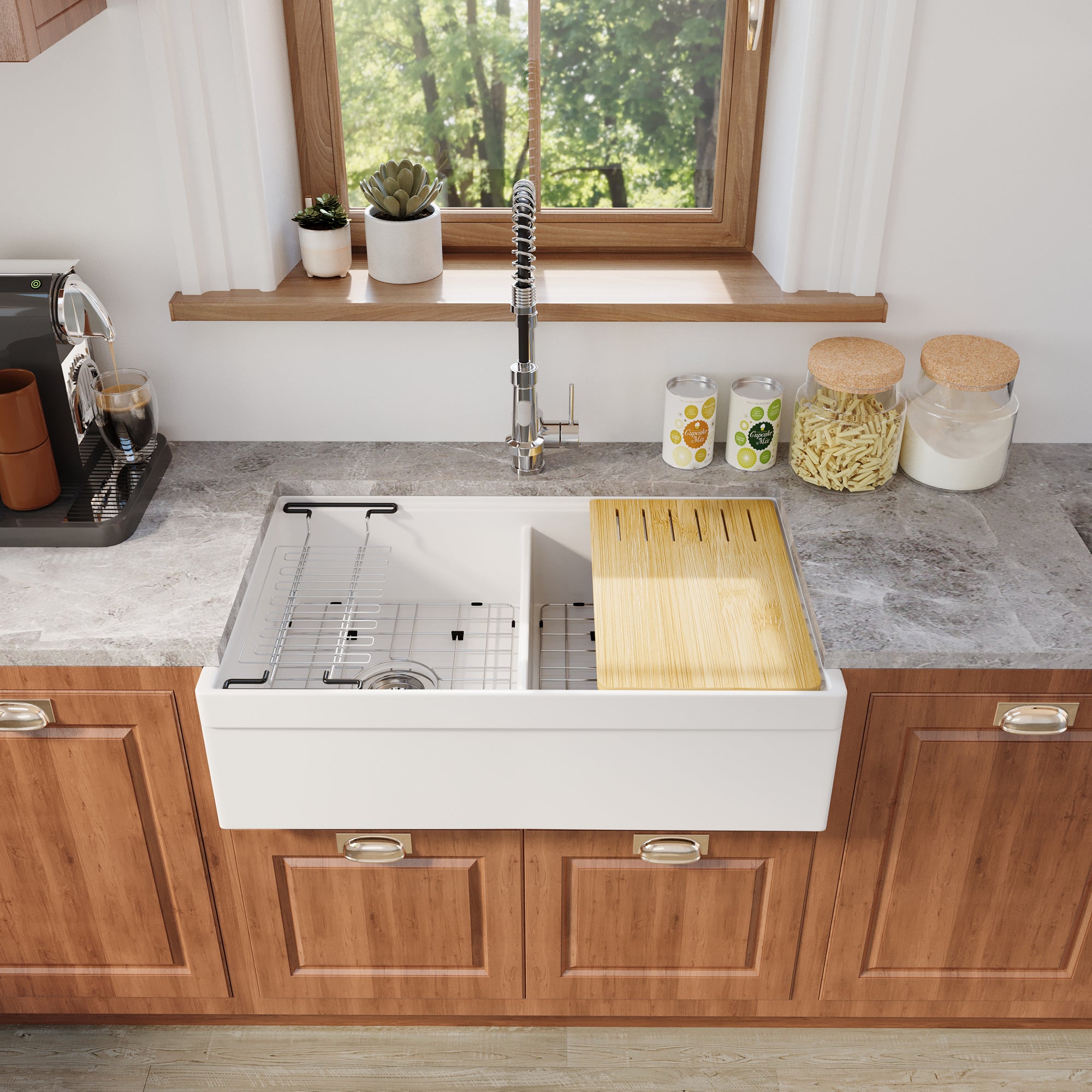 White 33-Inch Double Bowl Fireclay Farmhouse Sink Glossy Apron Front Kitchen Sink