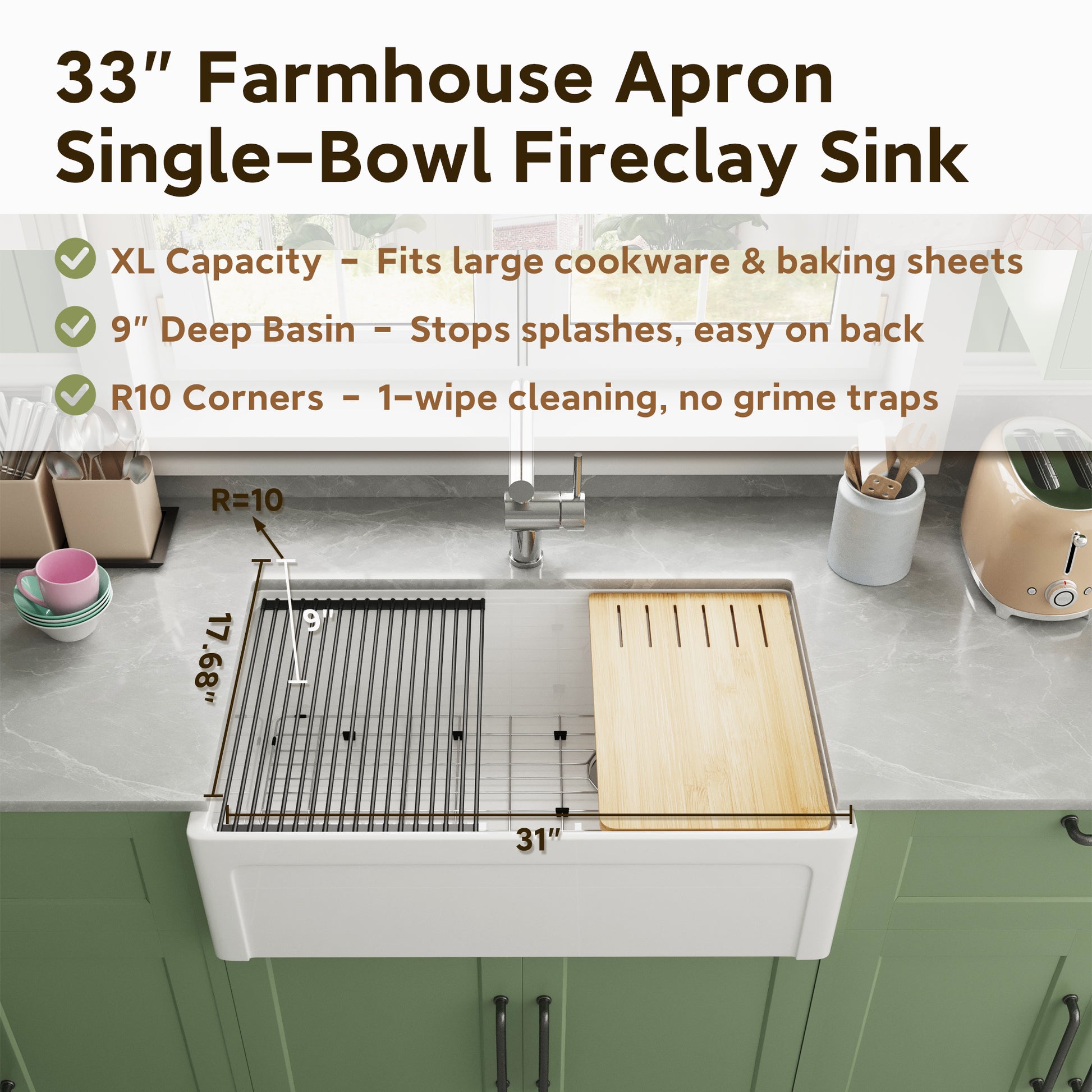 33 Inch Single Bowl White Fireclay Farmhouse Kitchen Sink Glossy Apron Front
