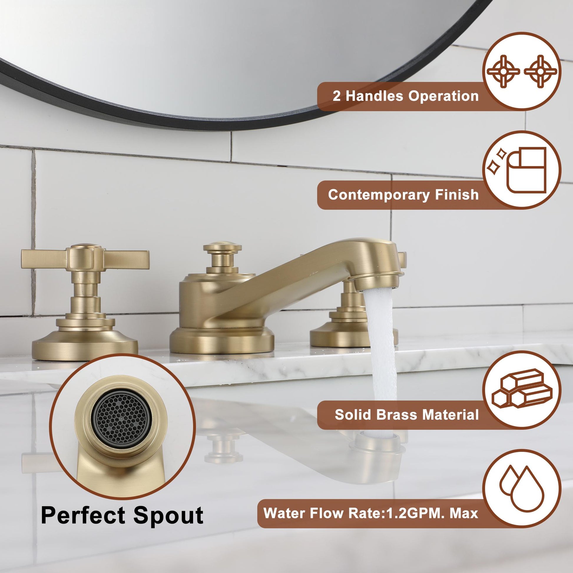 8" 3-Hole Brushed Gold Widespread Bathroom Sink Faucet with 2 Handles