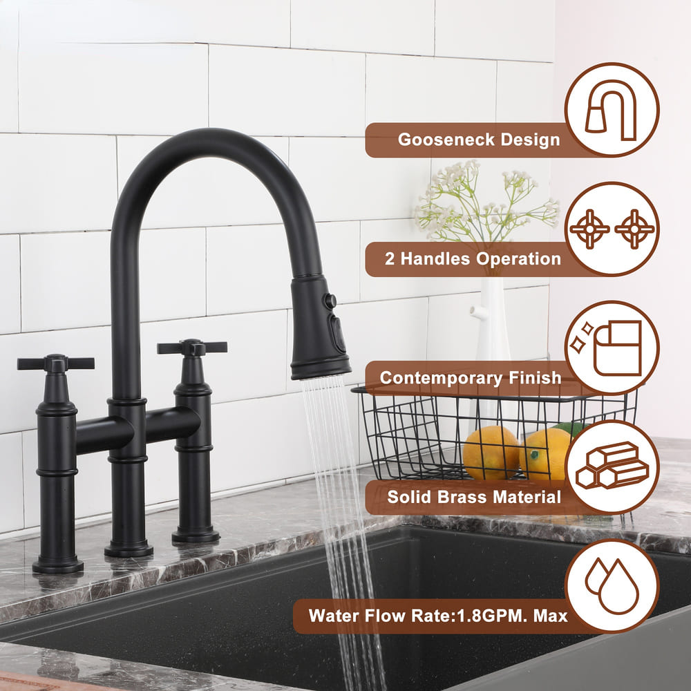 2 Handle 3-Hole Widespread Kitchen Faucet with 3-Mode Aerator and 360° Swivel Spout
