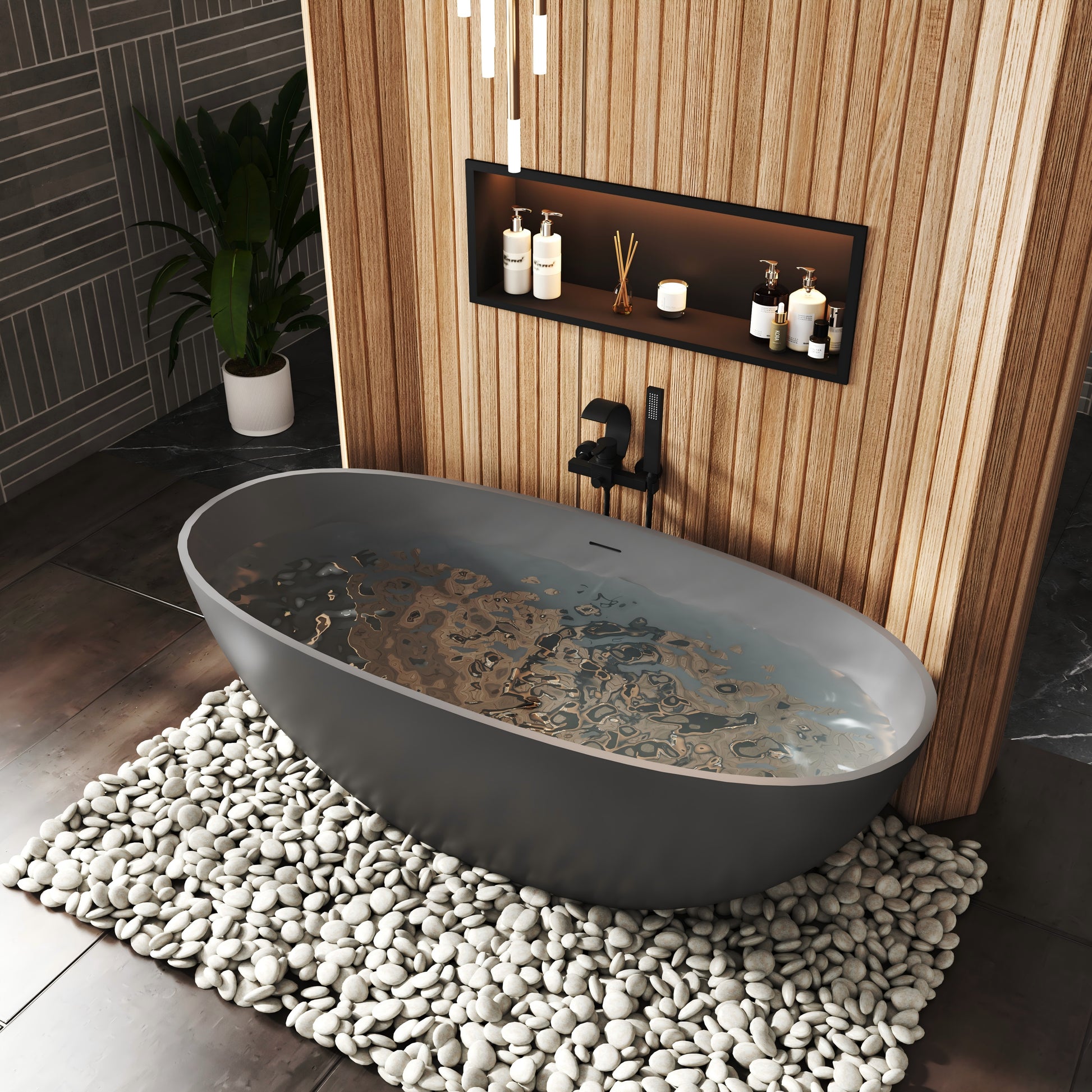 65" Luxurious Solid Surface Oval Freestanding Soaking Bathtub Matte Black, Matte Grey - Monaco