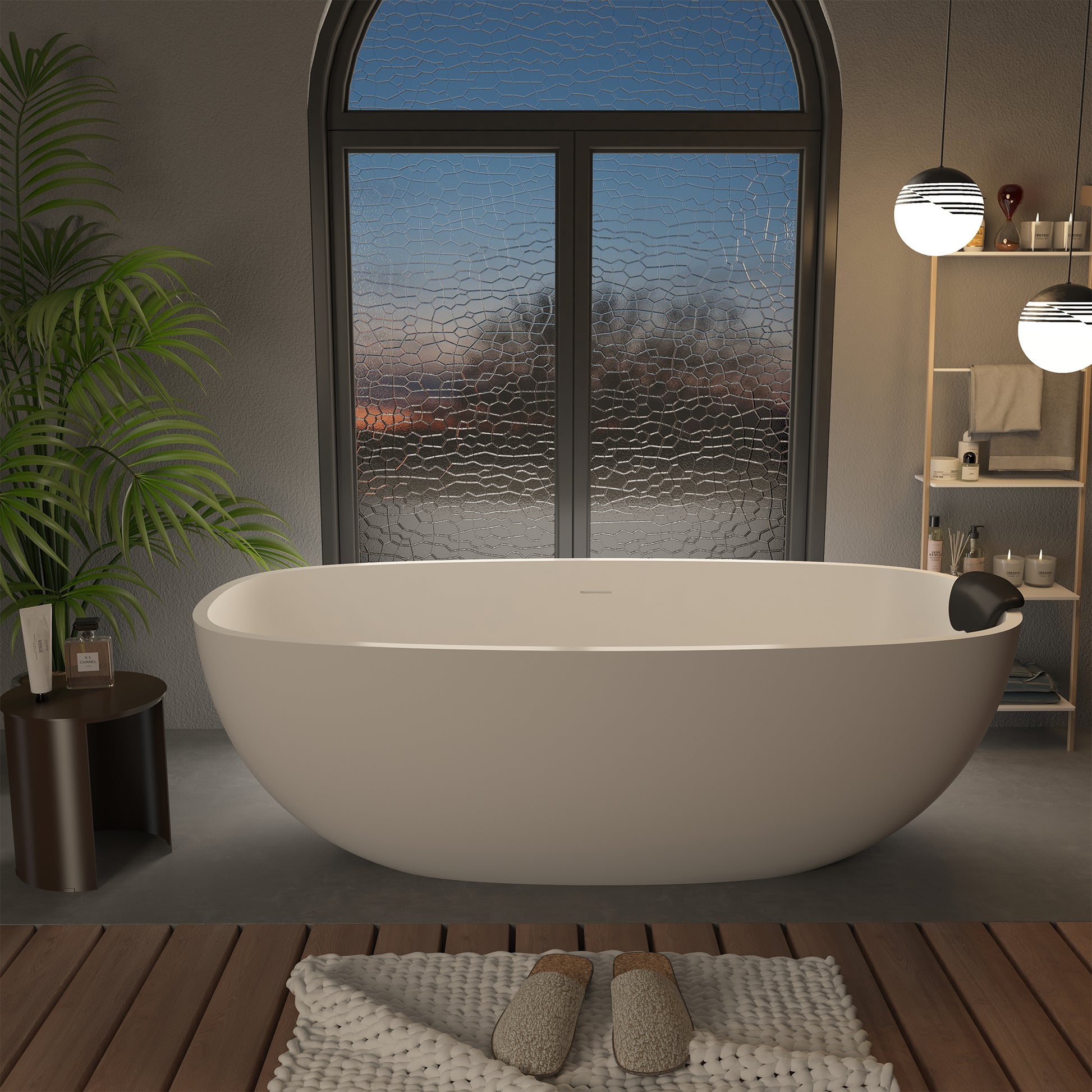 CASAINC 71" Matte White Stone Resin Adult Freestanding Soaking Tub with Cushions