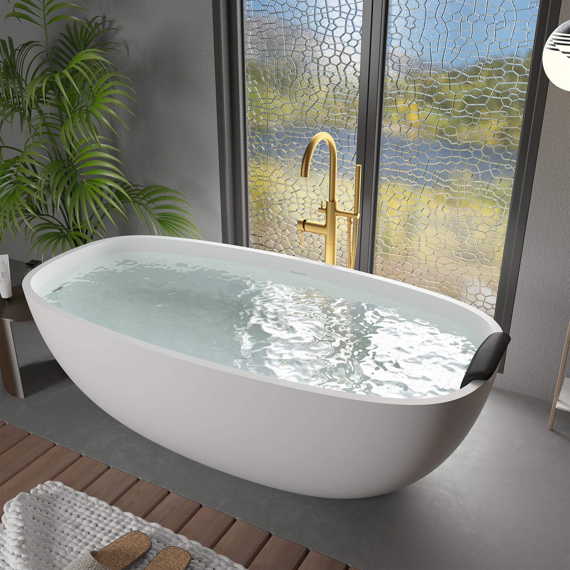 CASAINC 71" Matte White Stone Resin Adult Freestanding Soaking Tub with Cushions