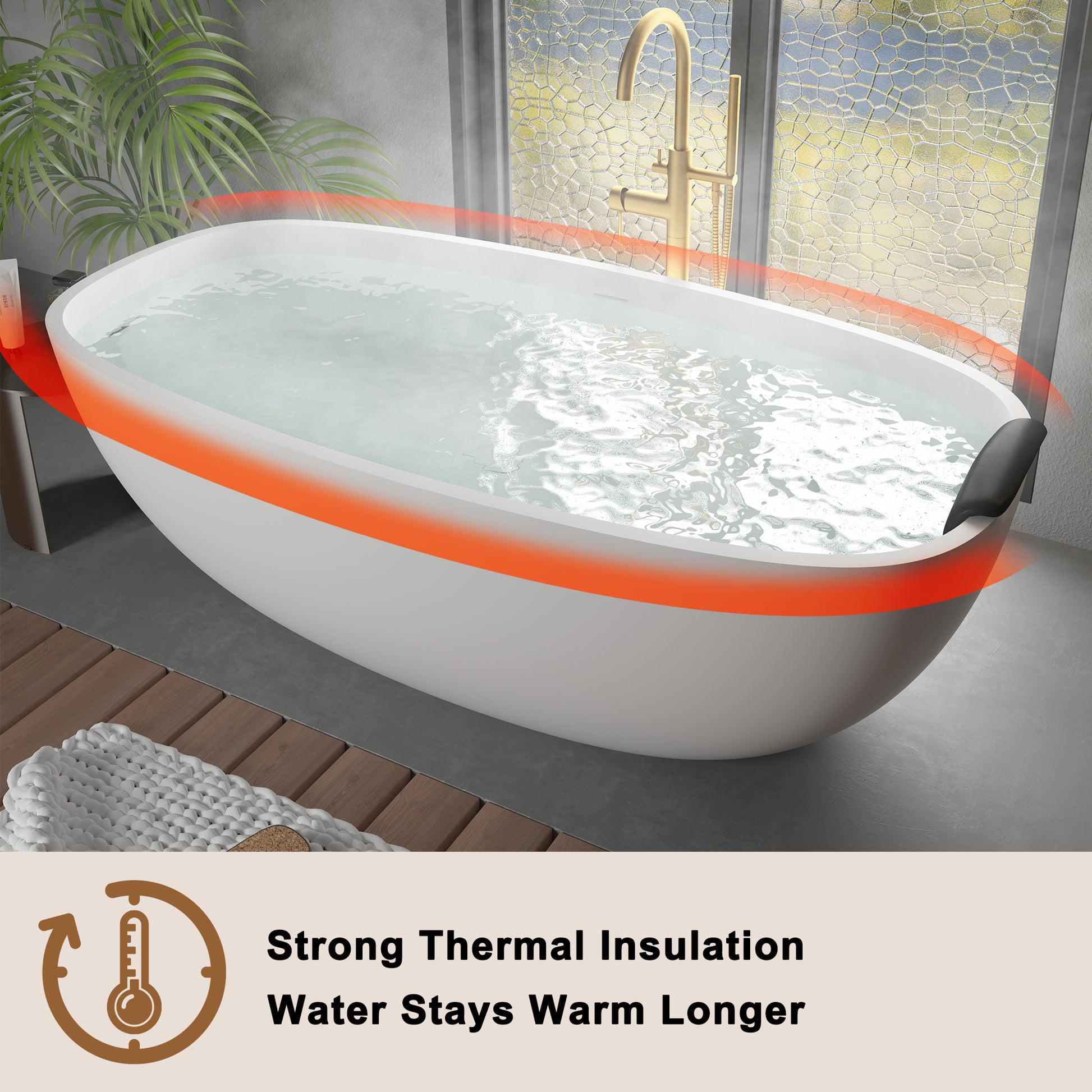 CASAINC 71" Matte White Stone Resin Adult Freestanding Soaking Tub with Cushions