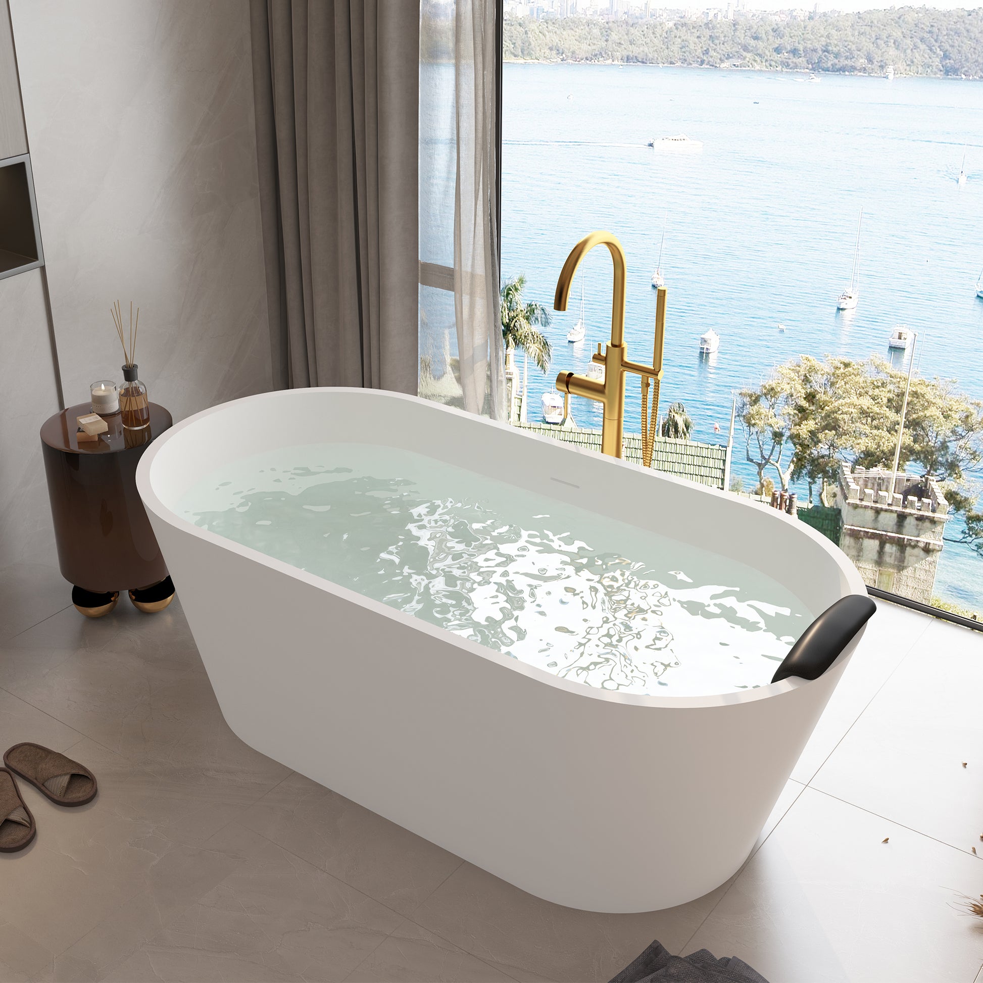 CASAINC 59/67" Matte White Artificial Stone Adult Freestanding Soaking Tub with Cushions