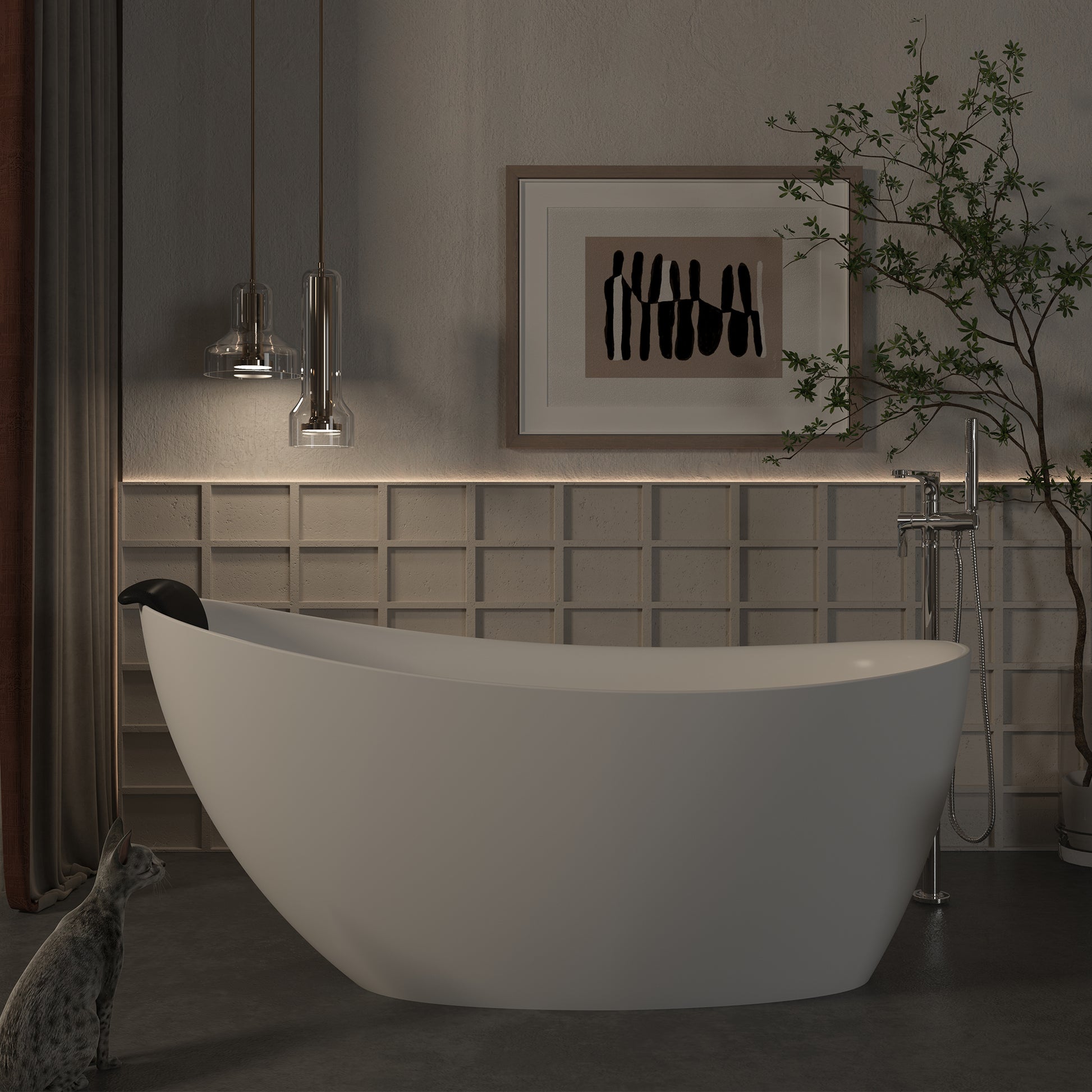 CASAINC 59/67" Matte White Stone Resin Adult Freestanding Soaking Tub with Cushions