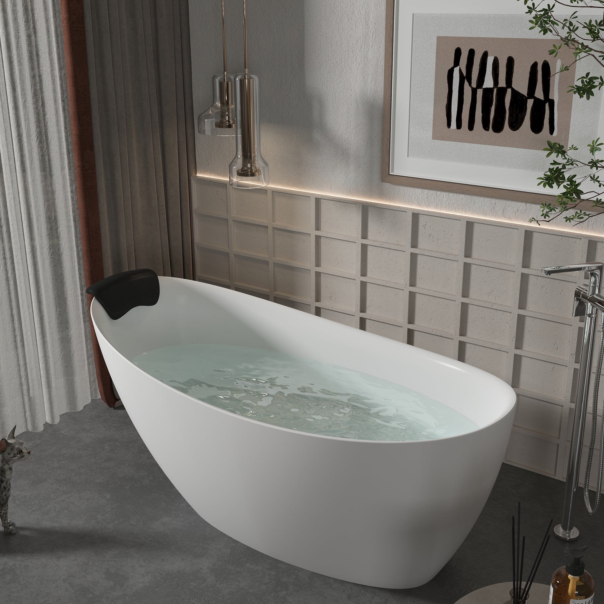 CASAINC 59/67" Matte White Stone Resin Adult Freestanding Soaking Tub with Cushions