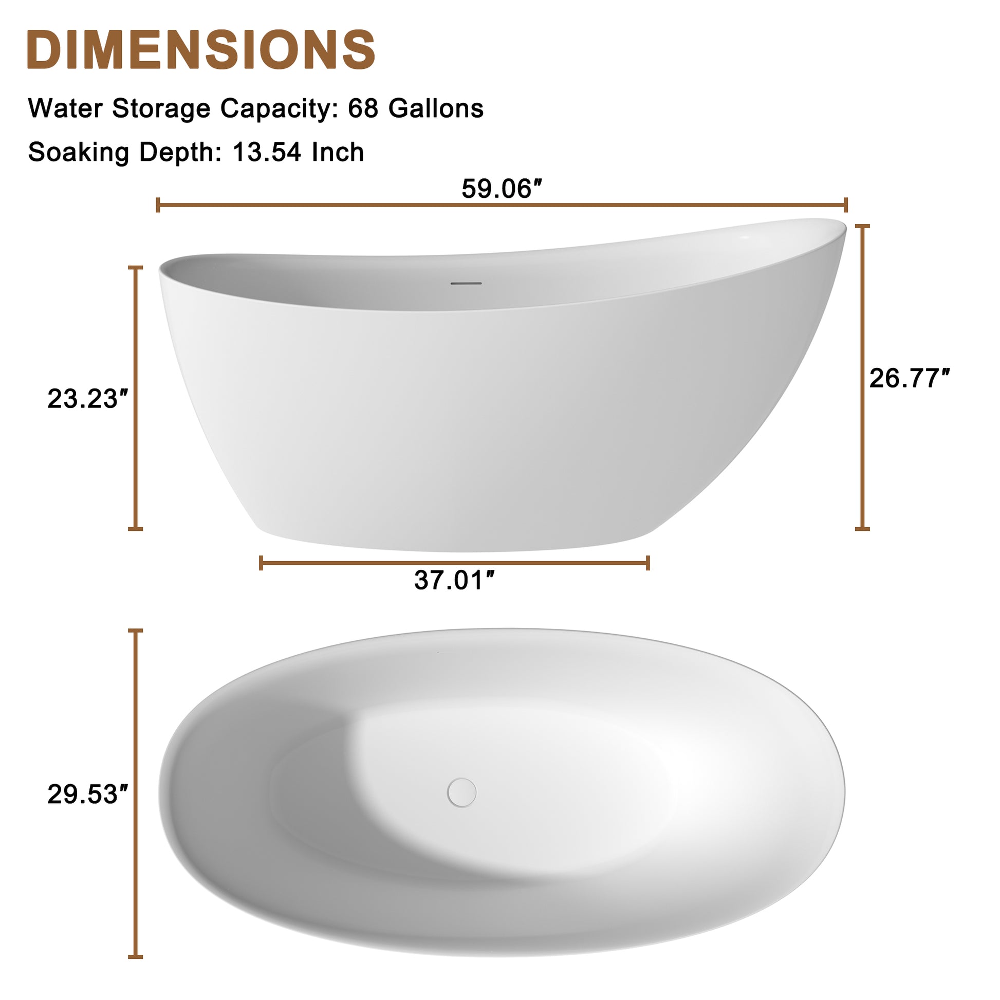 CASAINC 59/67" Matte White Stone Resin Adult Freestanding Soaking Tub with Cushions