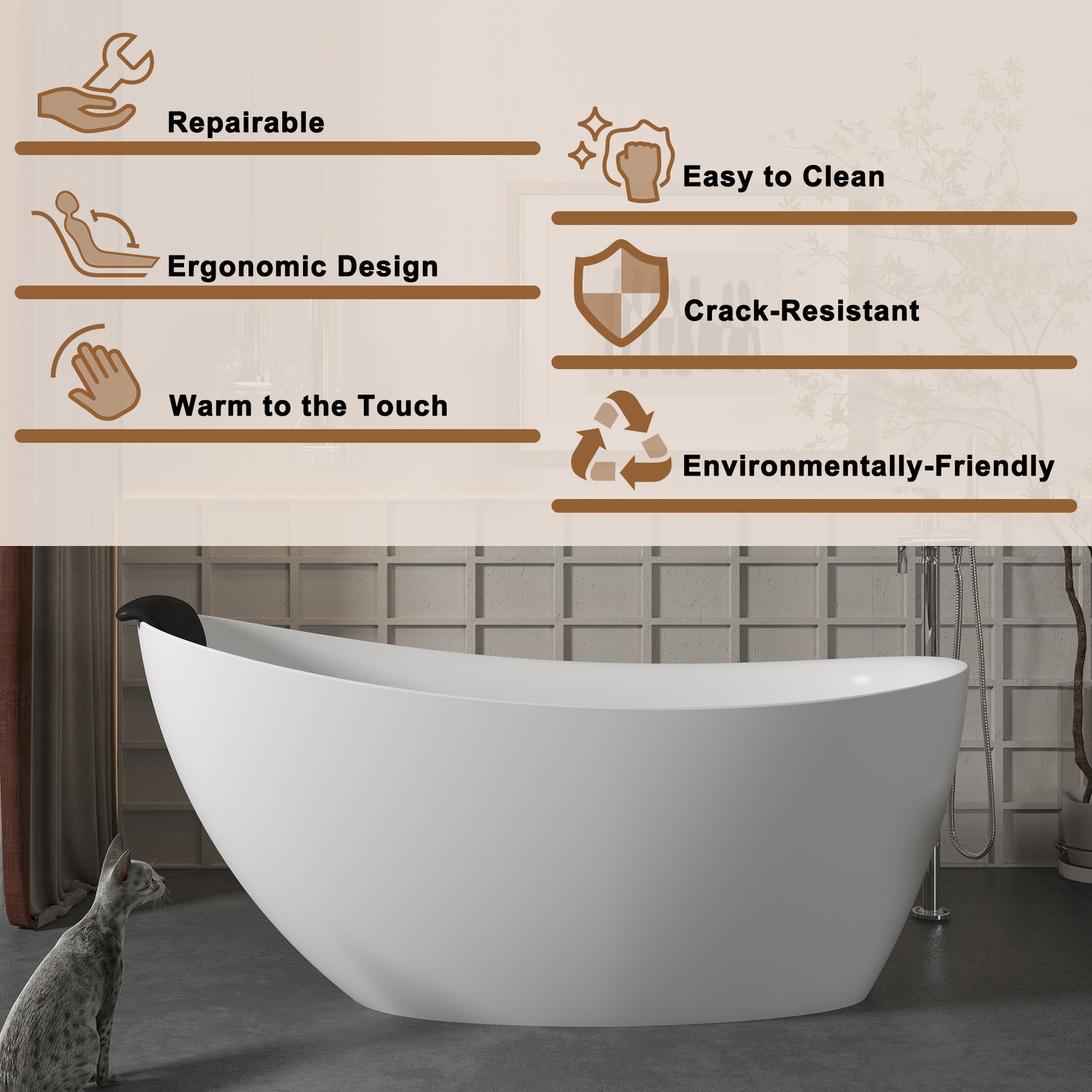 CASAINC 59/67" Matte White Stone Resin Adult Freestanding Soaking Tub with Cushions