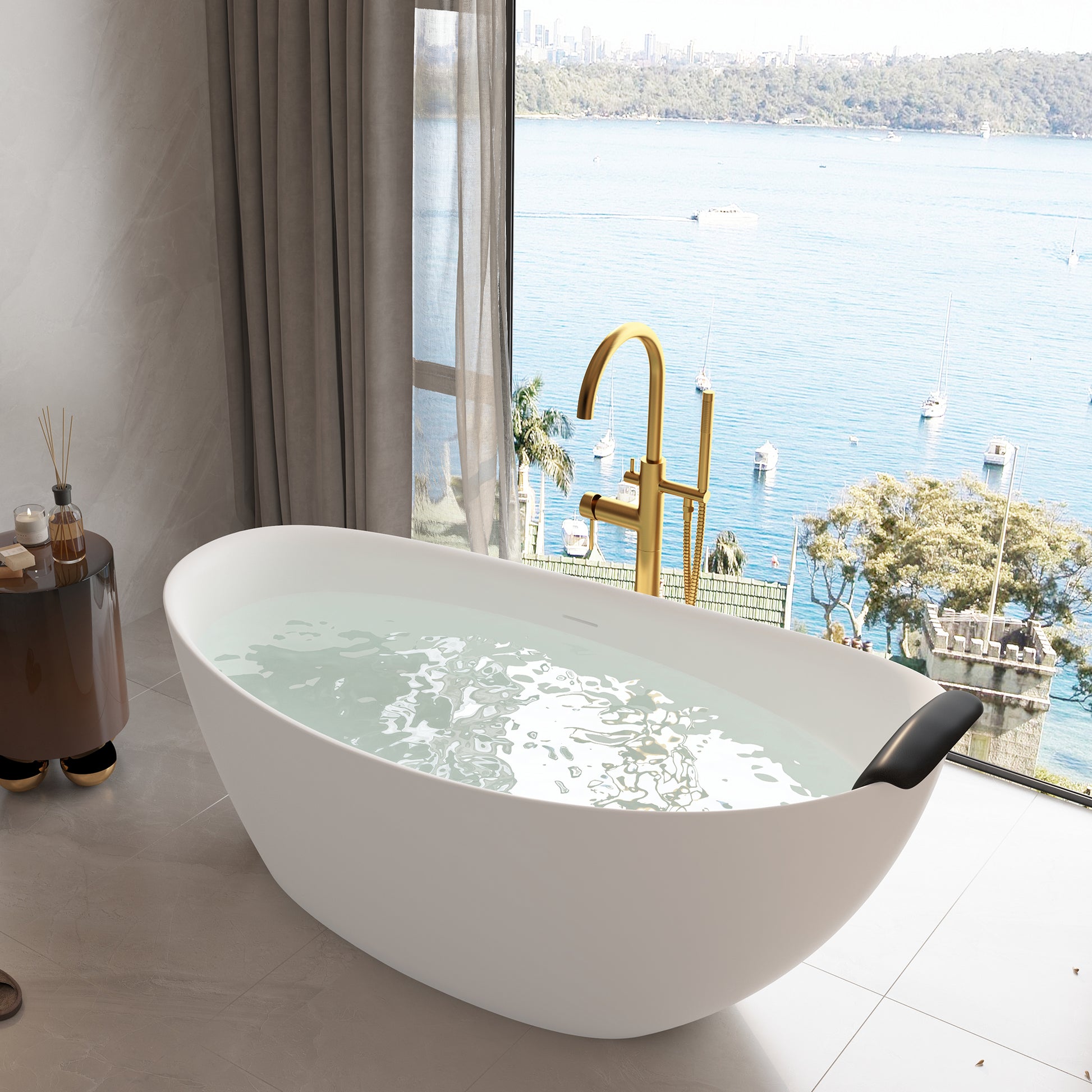 CASAINC 59/67" Matte White Stone Resin Adult Freestanding Soaking Tub with Cushions