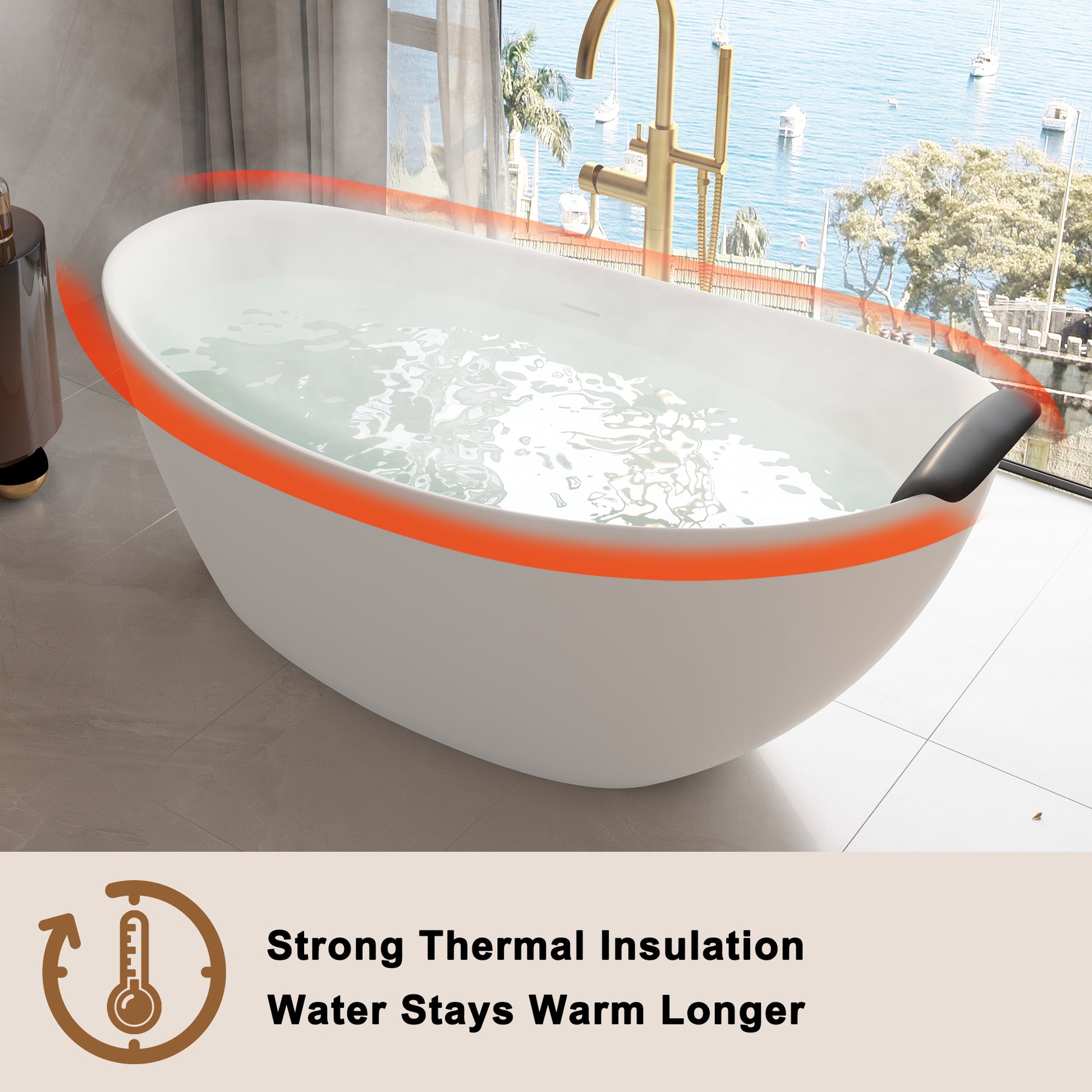 CASAINC 59/67" Matte White Stone Resin Adult Freestanding Soaking Tub with Cushions