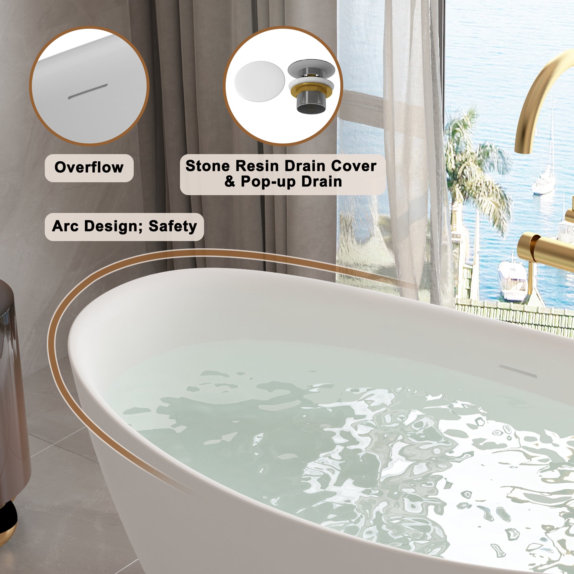 CASAINC 59/67" Matte White Stone Resin Adult Freestanding Soaking Tub with Cushions