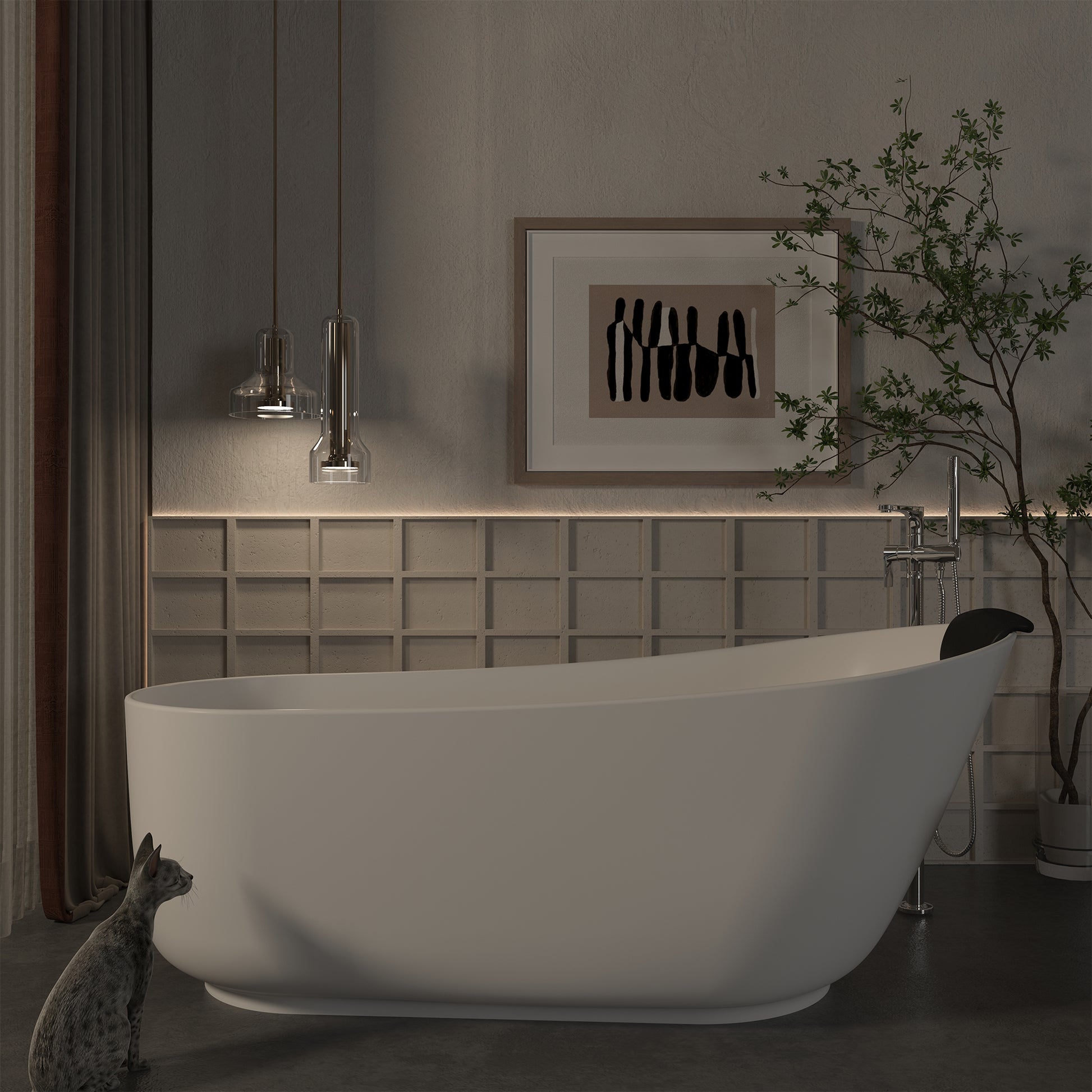 CASAINC 59/67" Matte White Stone Resin Adult Freestanding Soaking Tub with Cushions