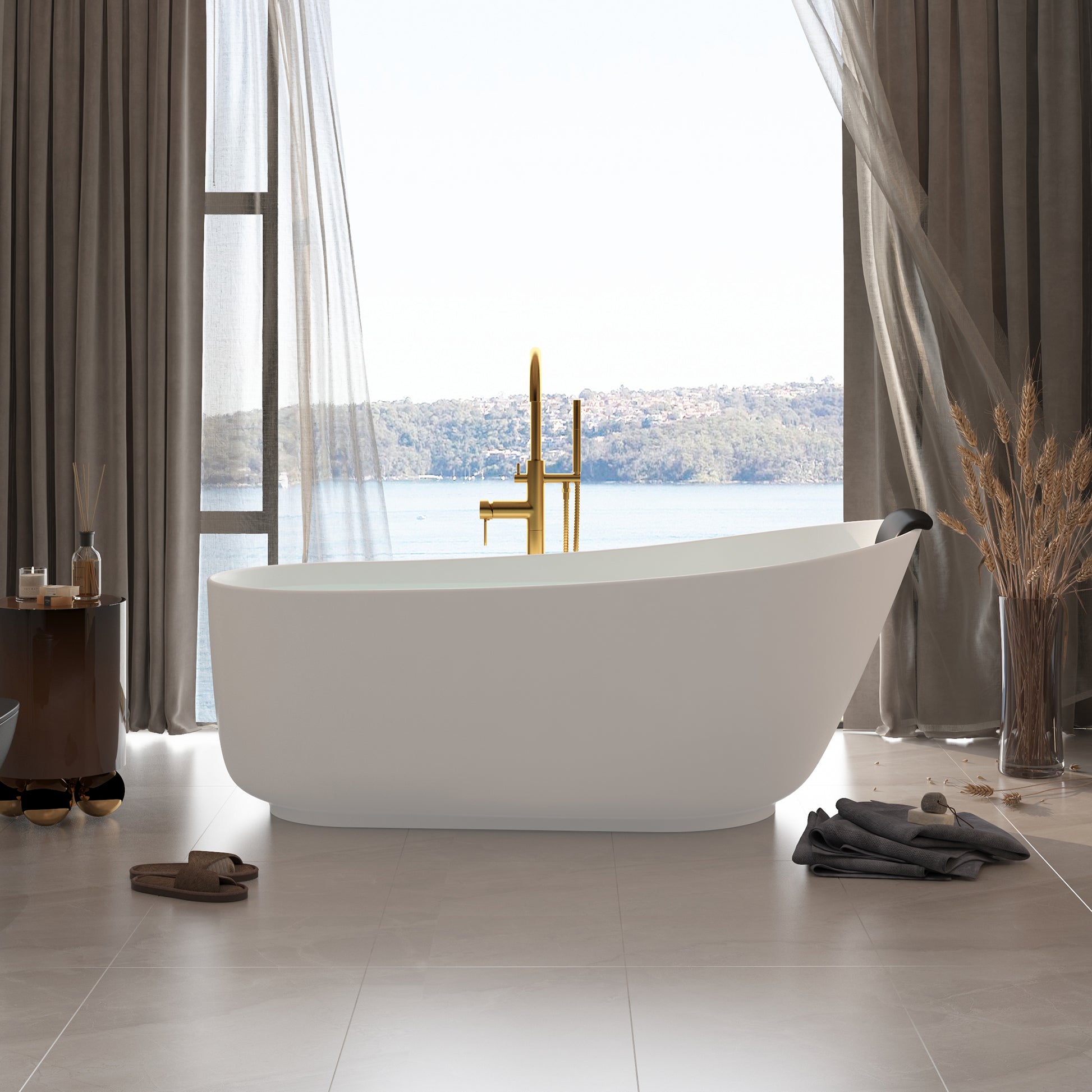 CASAINC 59/67" Matte White Stone Resin Adult Freestanding Soaking Tub with Cushions
