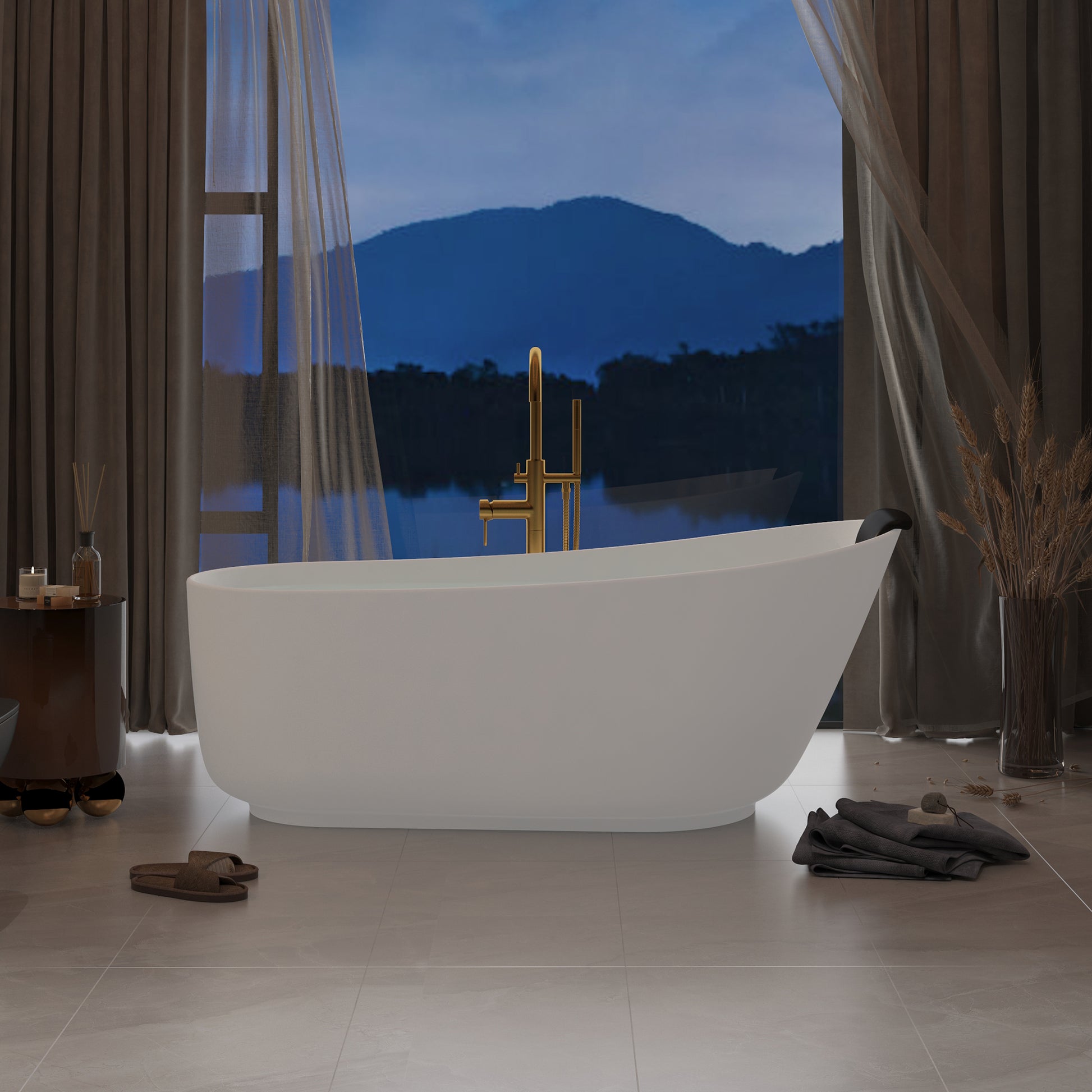 CASAINC 59/67" Matte White Stone Resin Adult Freestanding Soaking Tub with Cushions