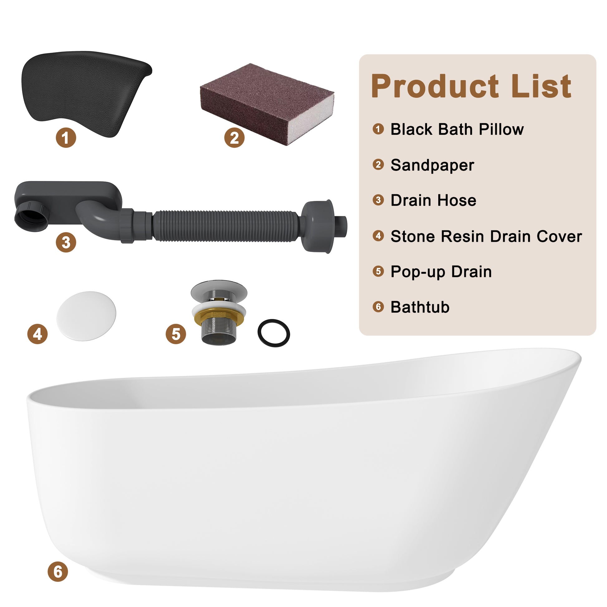CASAINC 59/67" Matte White Stone Resin Adult Freestanding Soaking Tub with Cushions