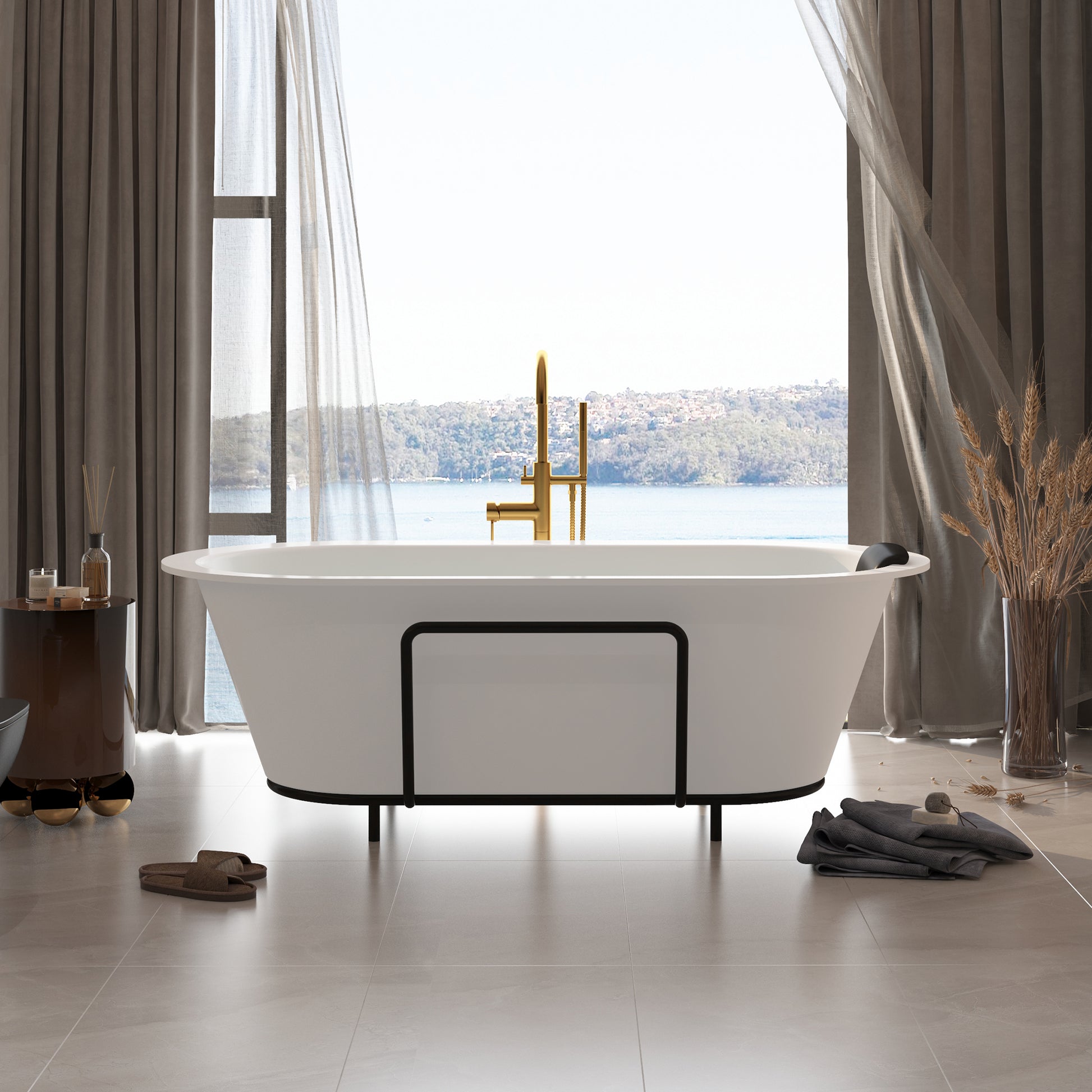 CASAINC 67/71" Matte White Stone Resin Adult Freestanding Soaking Tub with Cushions