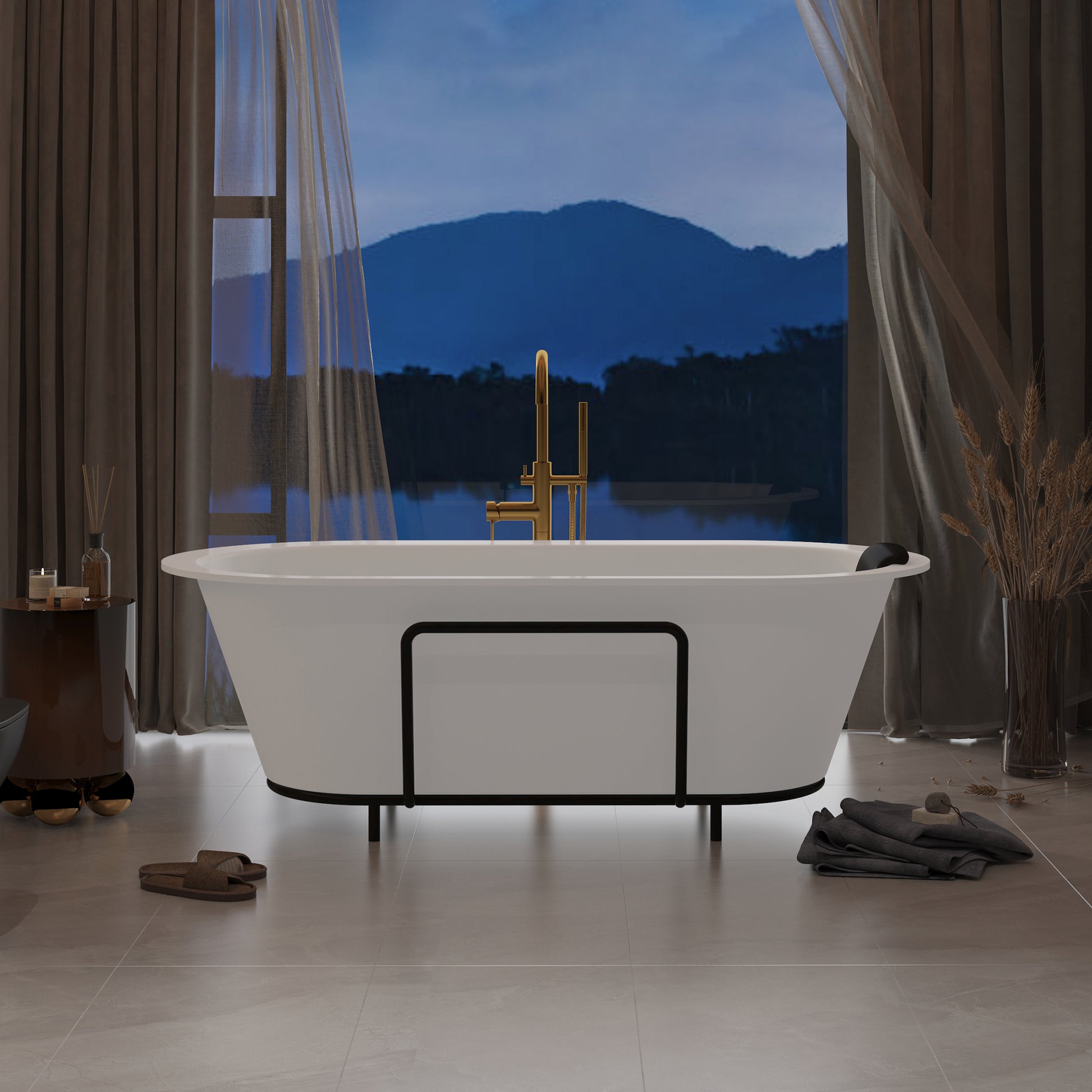 CASAINC 67/71" Matte White Stone Resin Adult Freestanding Soaking Tub with Cushions