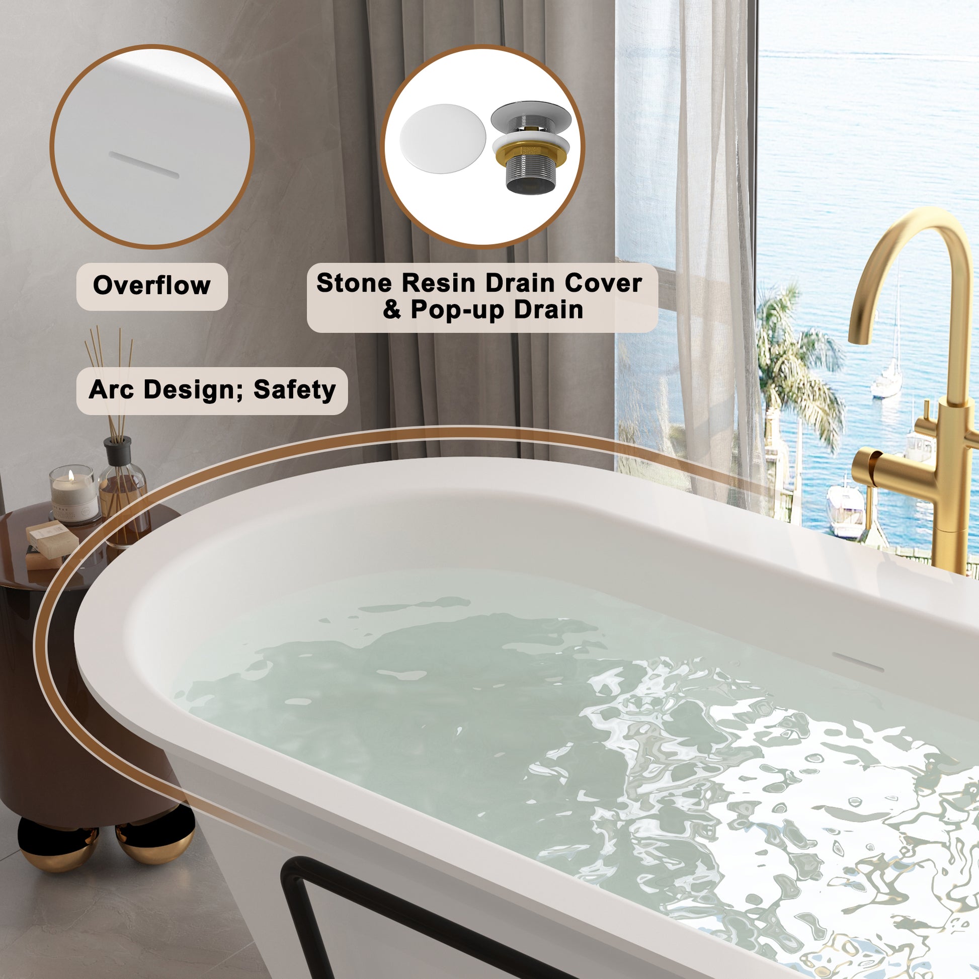 CASAINC 67/71" Matte White Stone Resin Adult Freestanding Soaking Tub with Cushions