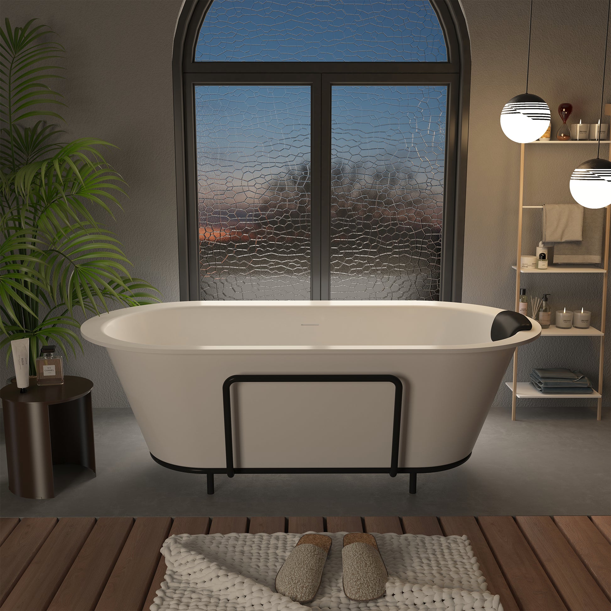 CASAINC 67/71" Matte White Stone Resin Adult Freestanding Soaking Tub with Cushions