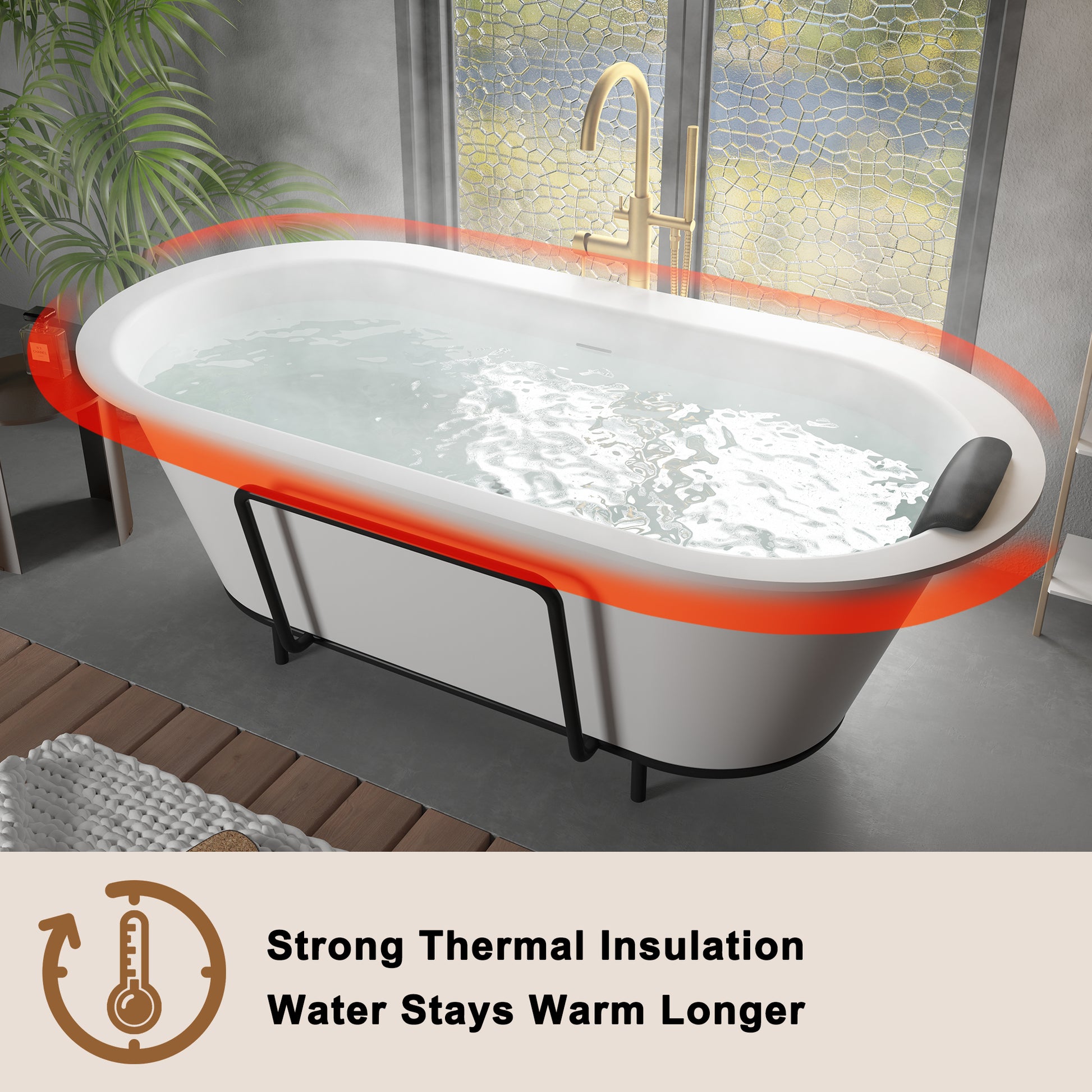 CASAINC 67/71" Matte White Stone Resin Adult Freestanding Soaking Tub with Cushions
