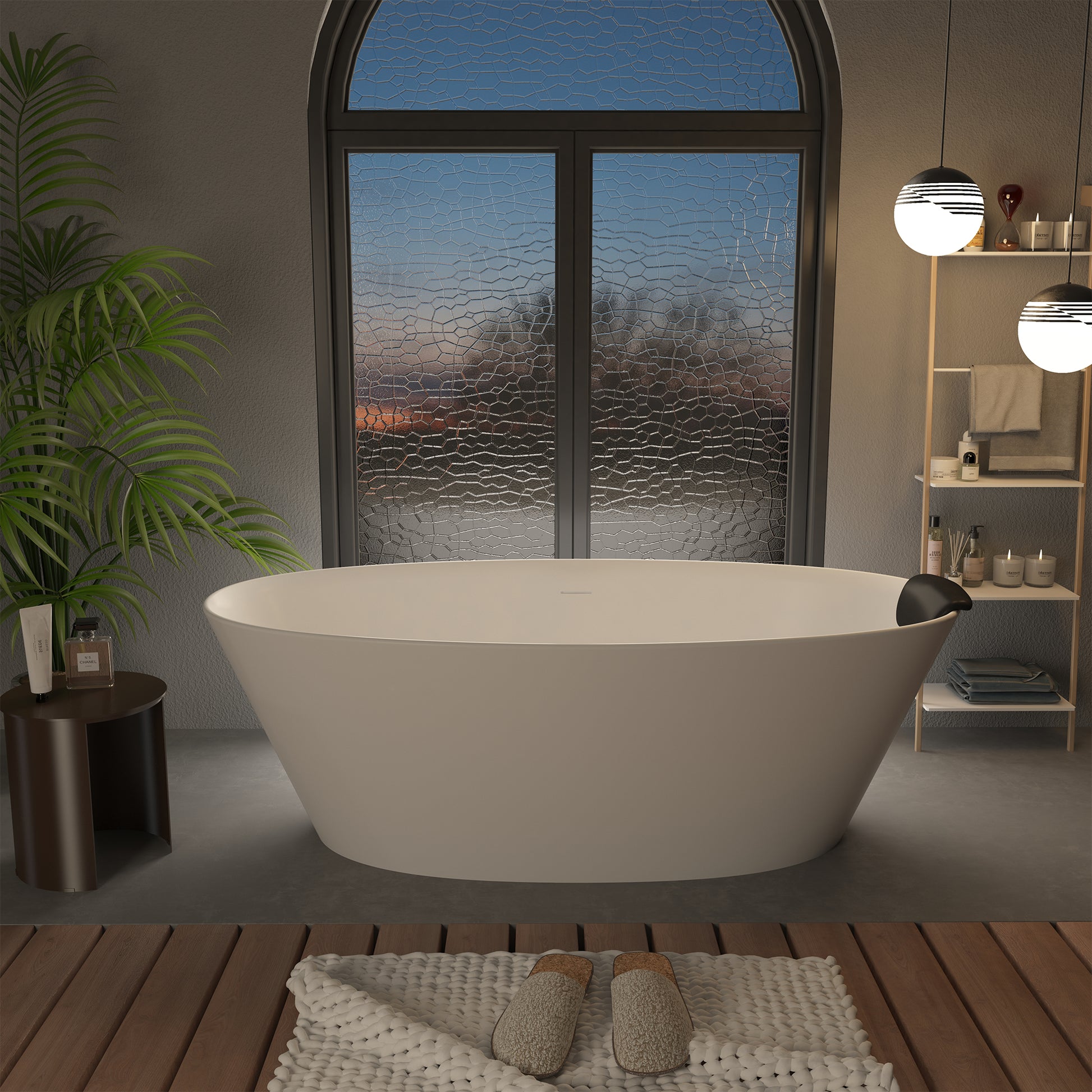 CASAINC 67" Matte White Stone Resin Adult Freestanding Soaking Tub with Cushions