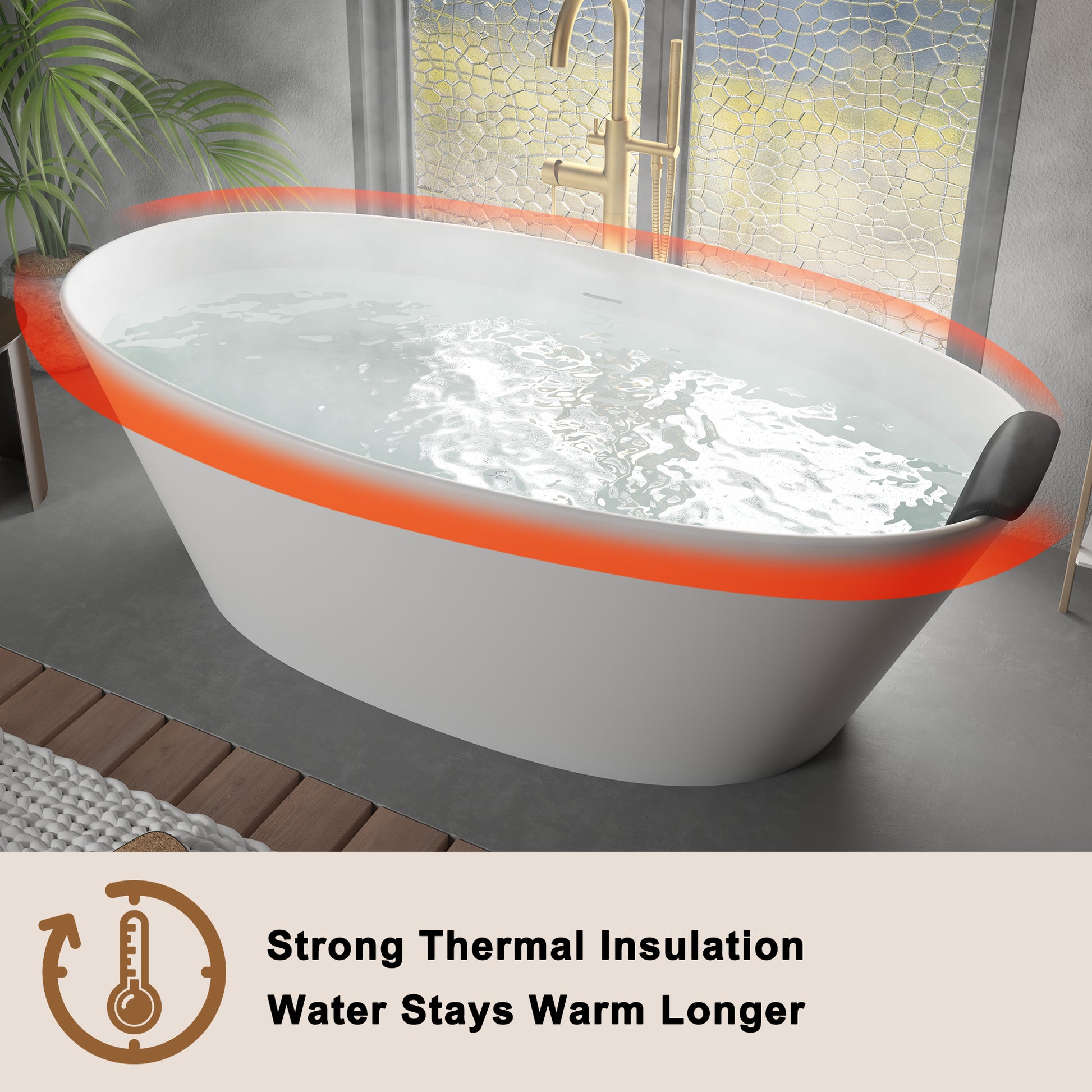 CASAINC 67" Matte White Stone Resin Adult Freestanding Soaking Tub with Cushions