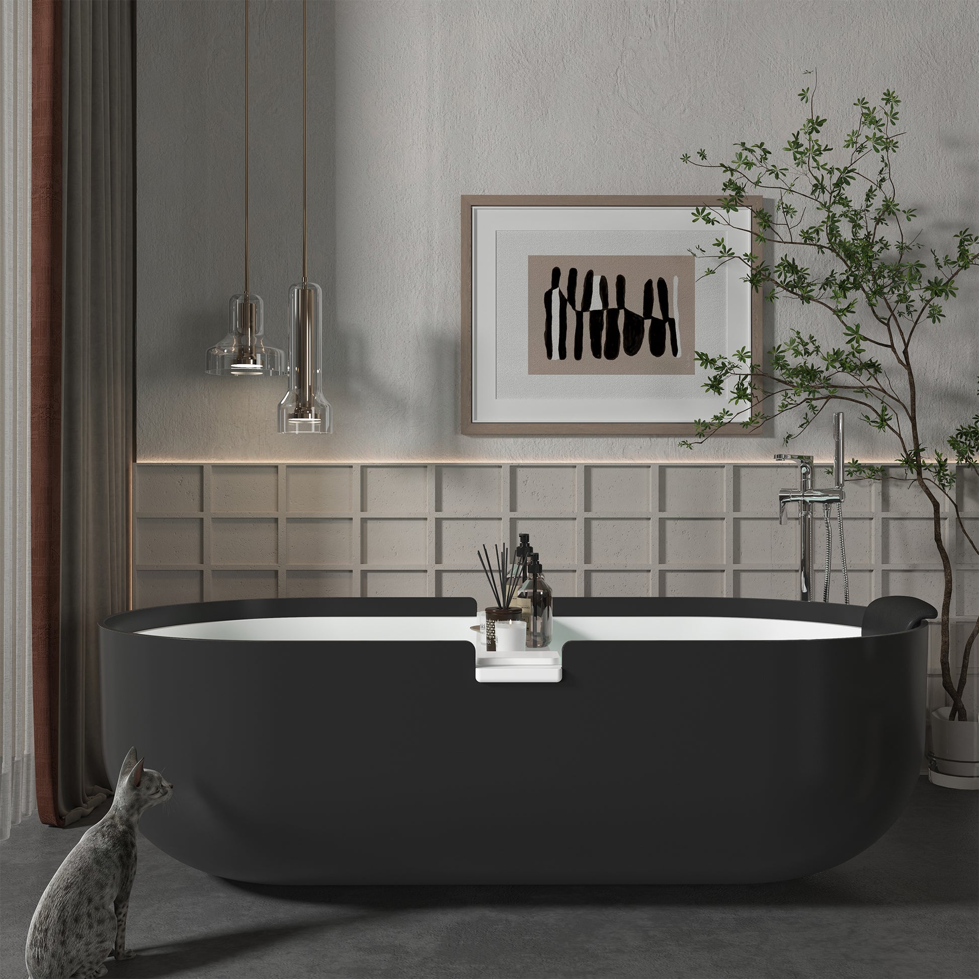 CASAINC 67/71" Black Outside and White Inside Artificial Stone Adult Freestanding Soaking Tub with Cushions and Shelves