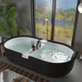CASAINC 67/71" Black Outside and White Inside Artificial Stone Adult Freestanding Soaking Tub with Cushions and Shelves
