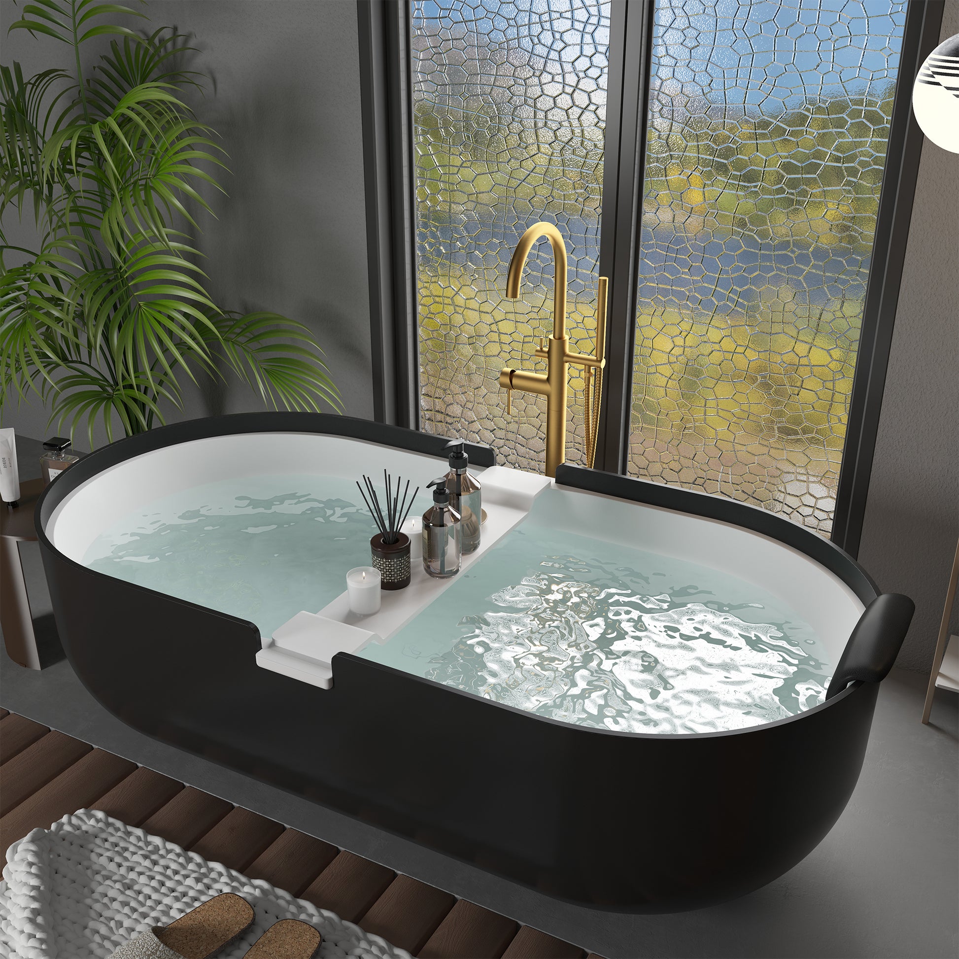 CASAINC 67/71" Black Outside and White Inside Artificial Stone Adult Freestanding Soaking Tub with Cushions and Shelves