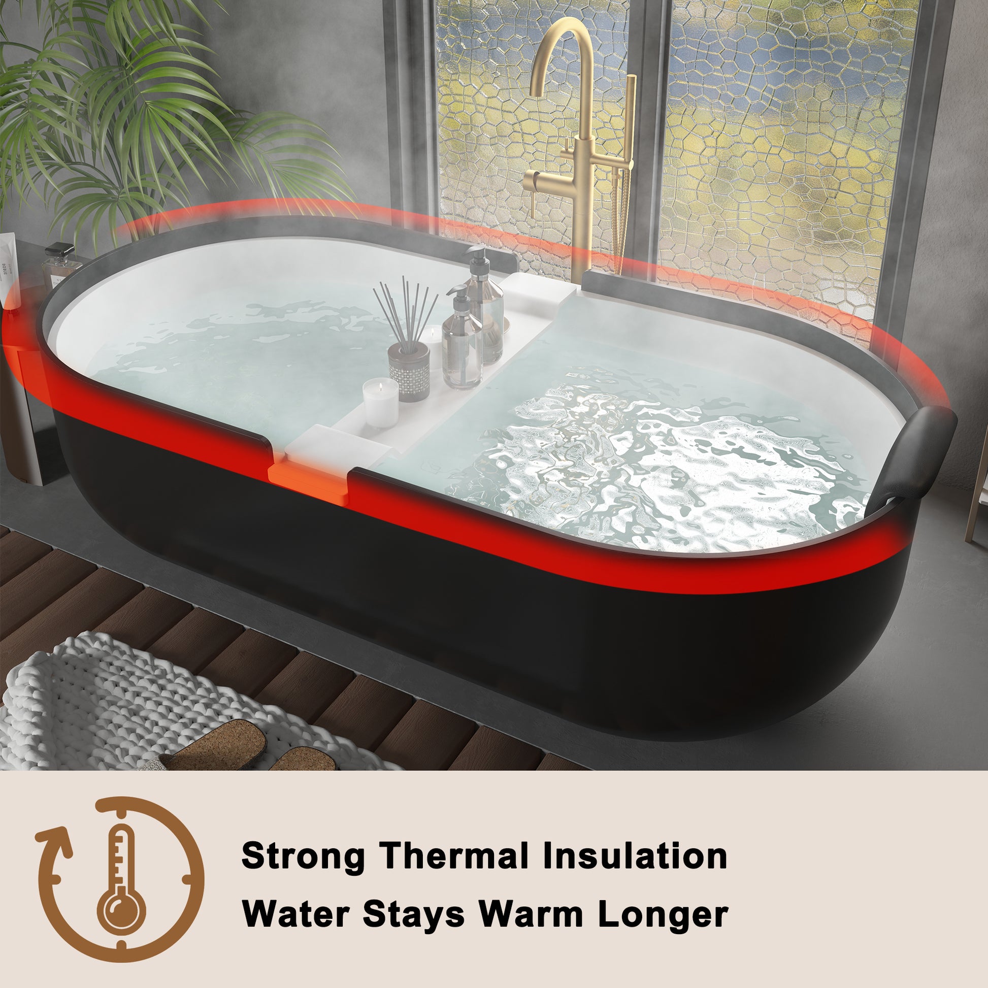 CASAINC 67/71" Black Outside and White Inside Artificial Stone Adult Freestanding Soaking Tub with Cushions and Shelves