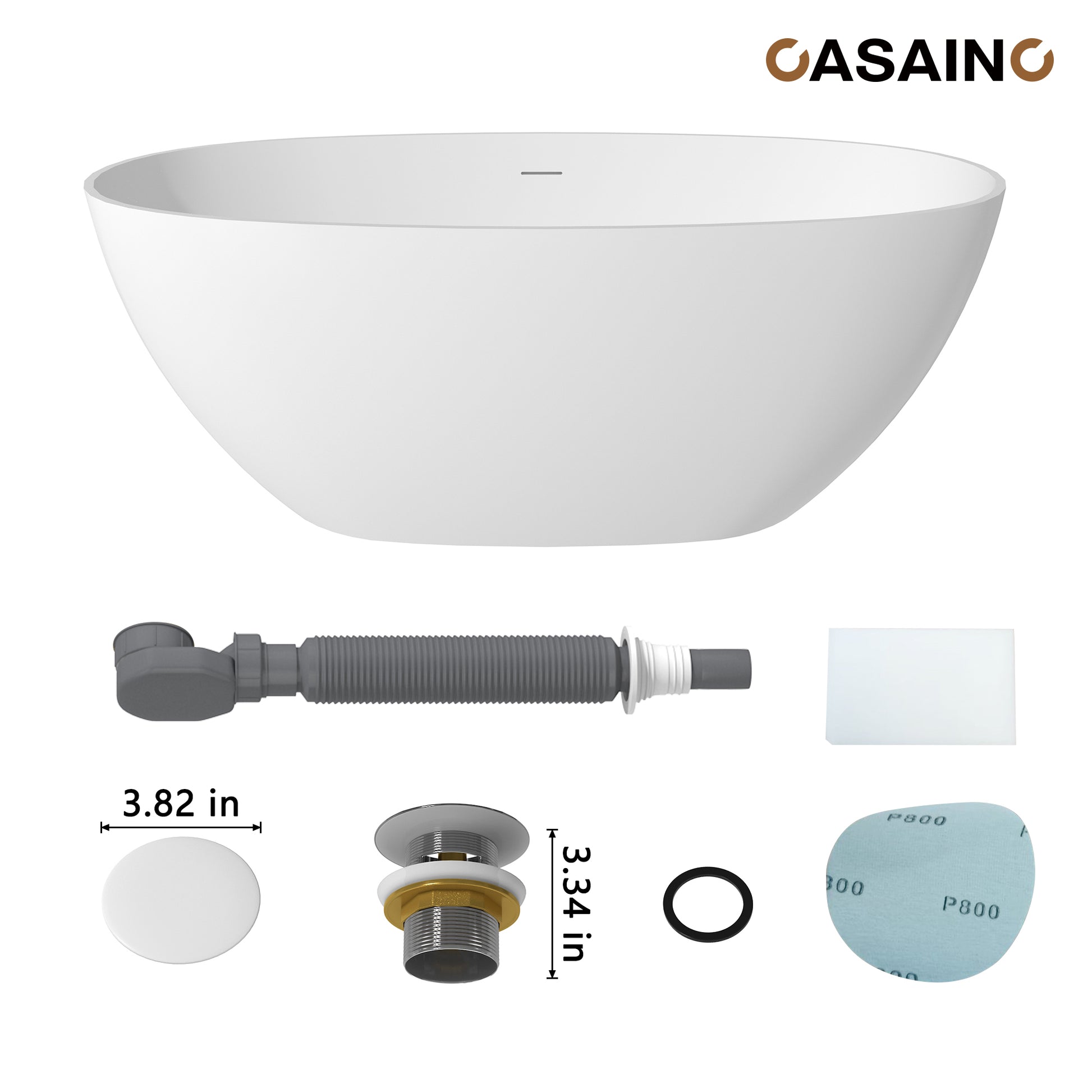 59"/63"/67" Freestanding Oval Solid Surface Stone Bathtub with Center Drain and cUPc Certification, Matte White (With/without Tub Faucet)