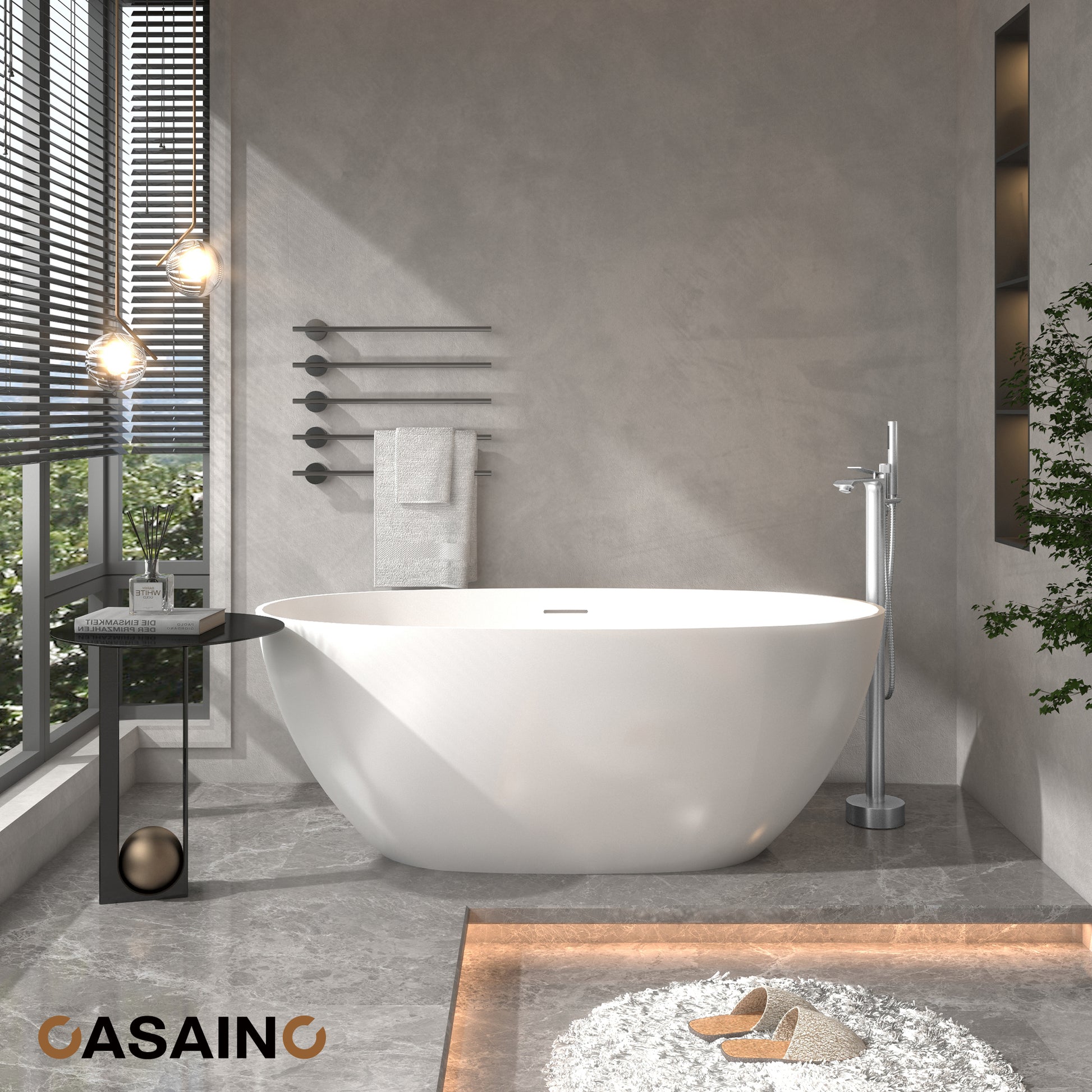 59"/63"/67" Freestanding Oval Solid Surface Stone Bathtub with Center Drain and cUPc Certification, Matte White (With/without Tub Faucet)