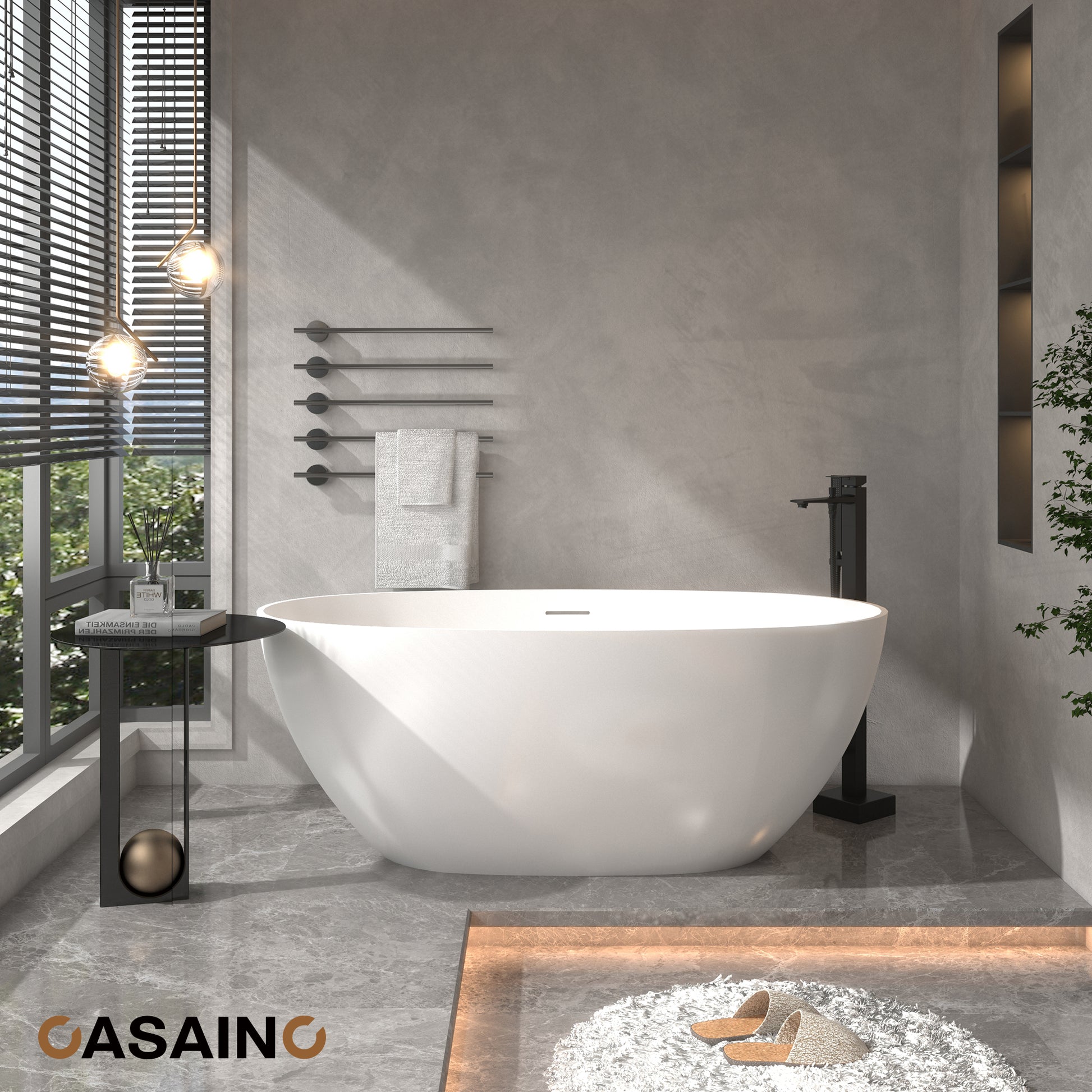 59"/63"/67" Freestanding Oval Solid Surface Stone Bathtub with Center Drain and cUPc Certification, Matte White (With/without Tub Faucet)