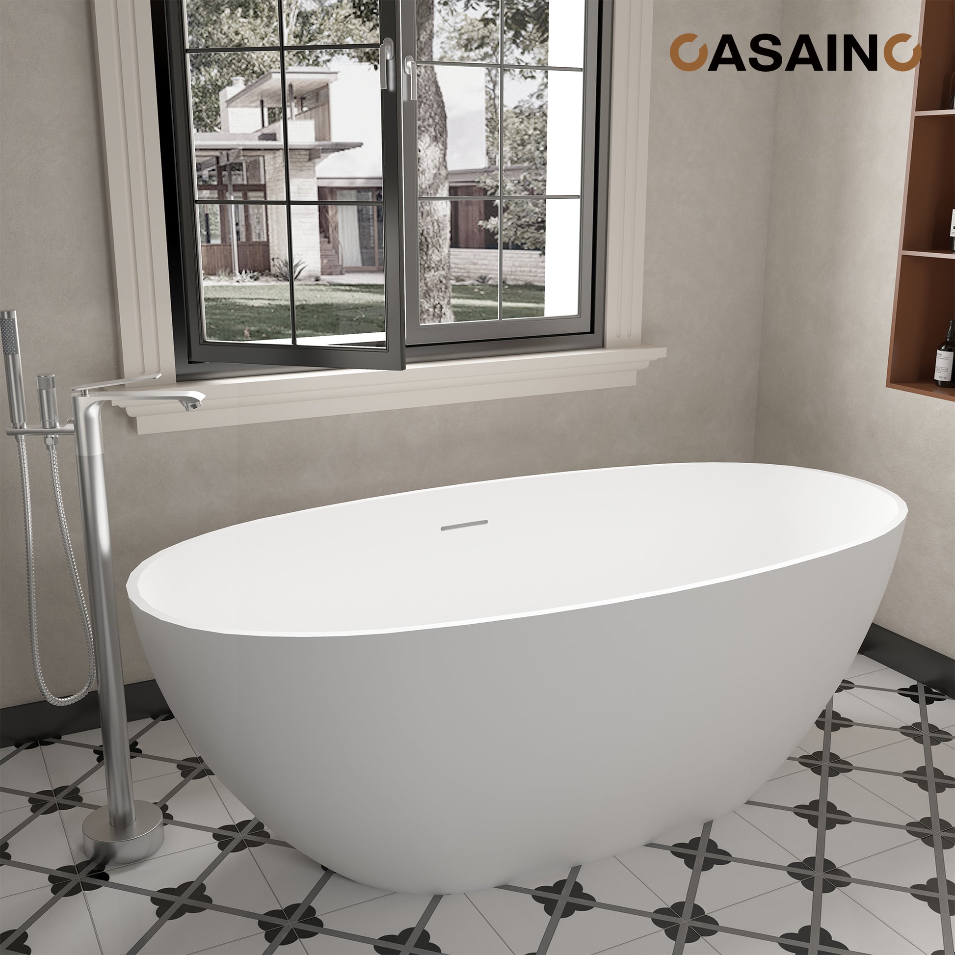 59"/63"/67" Freestanding Oval Solid Surface Stone Bathtub with Center Drain and cUPc Certification, Matte White (With/without Tub Faucet)