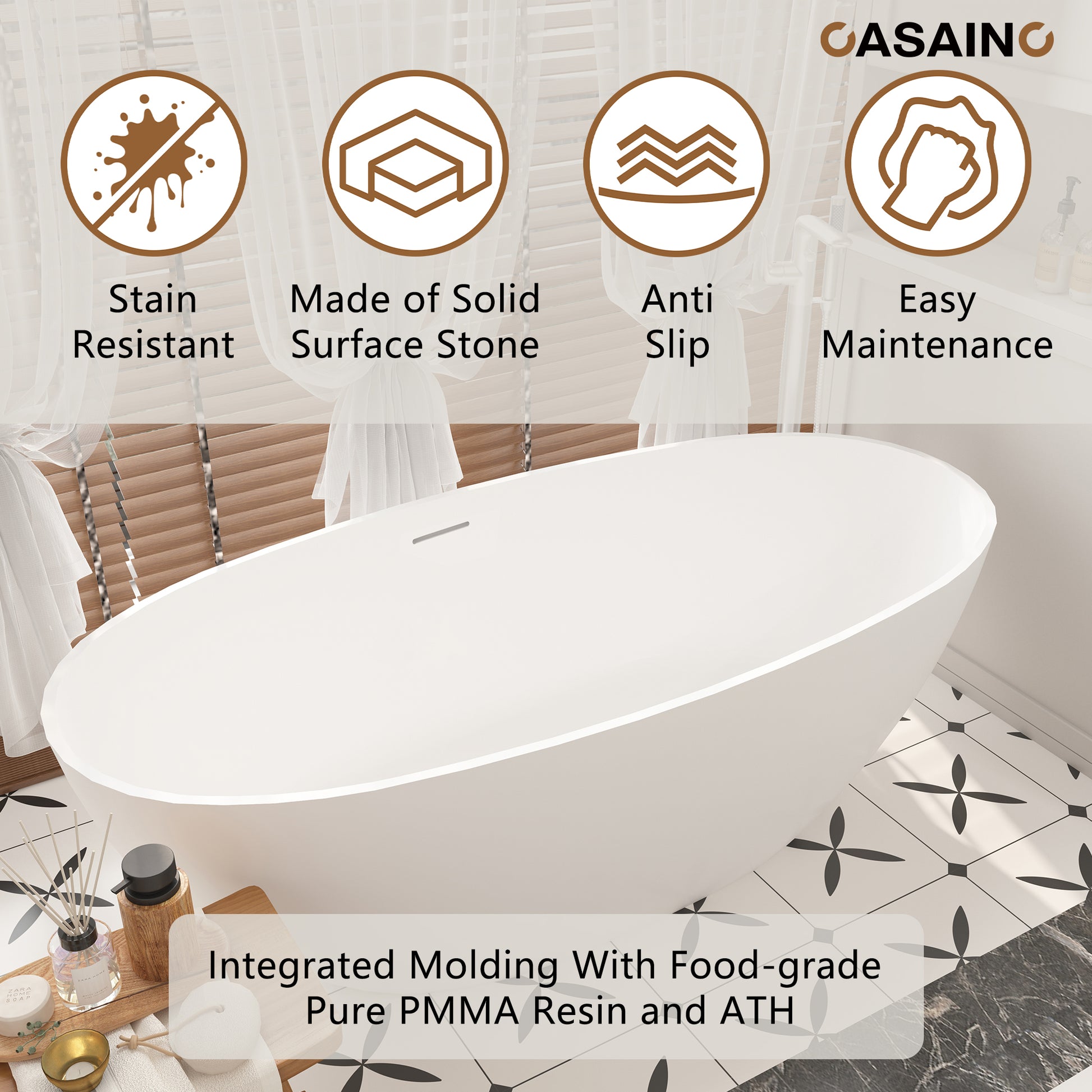 59"/63"/67" Freestanding Oval Solid Surface Stone Bathtub with Center Drain and cUPc Certification, Matte White (With/without Tub Faucet)