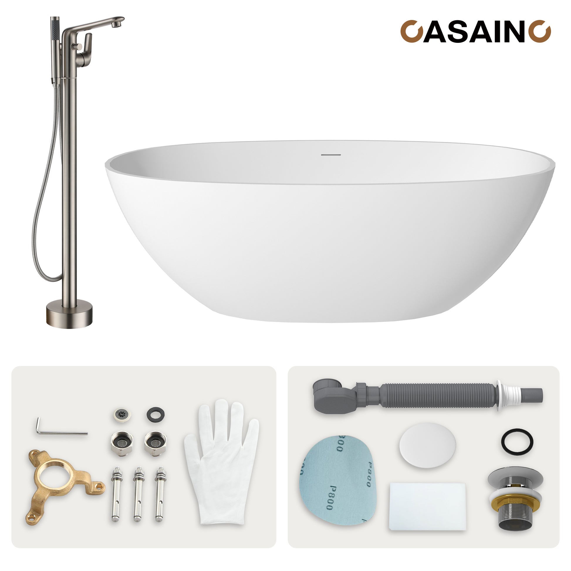 59"/63"/67" Freestanding Oval Solid Surface Stone Bathtub with Center Drain and cUPc Certification, Matte White (With/without Tub Faucet)