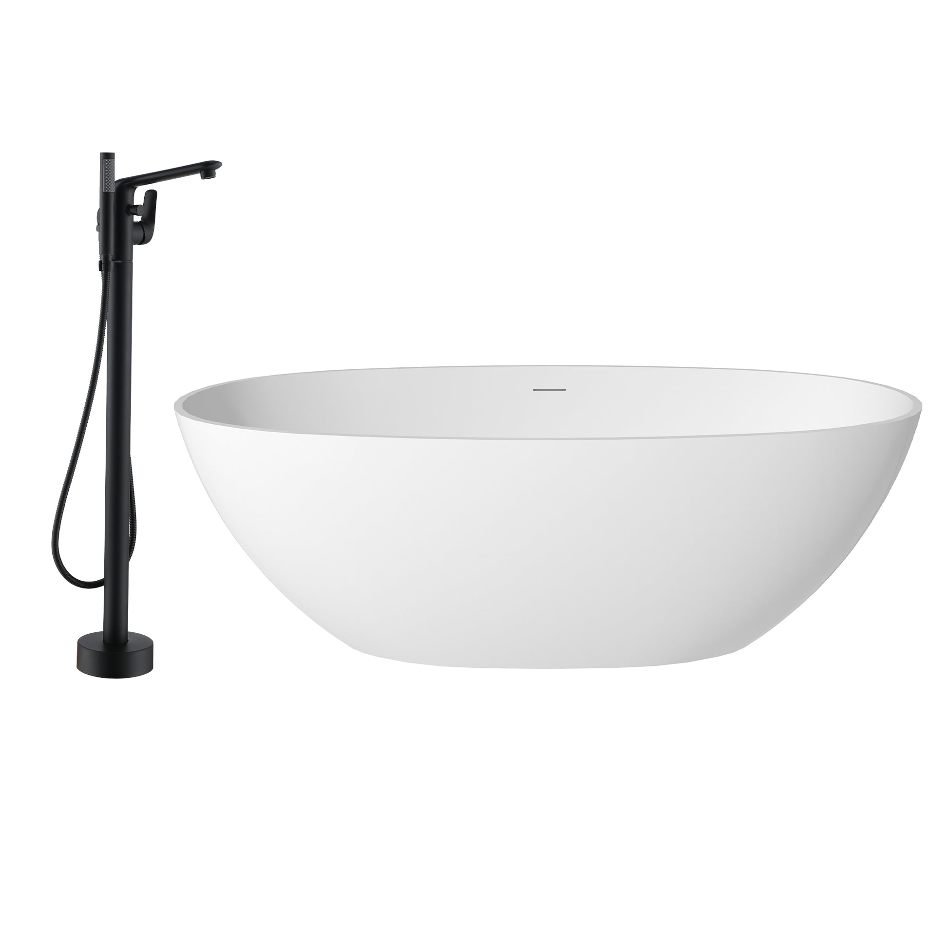 59"/63"/67" Freestanding Oval Solid Surface Stone Bathtub with Center Drain and cUPc Certification, Matte White (With/without Tub Faucet)