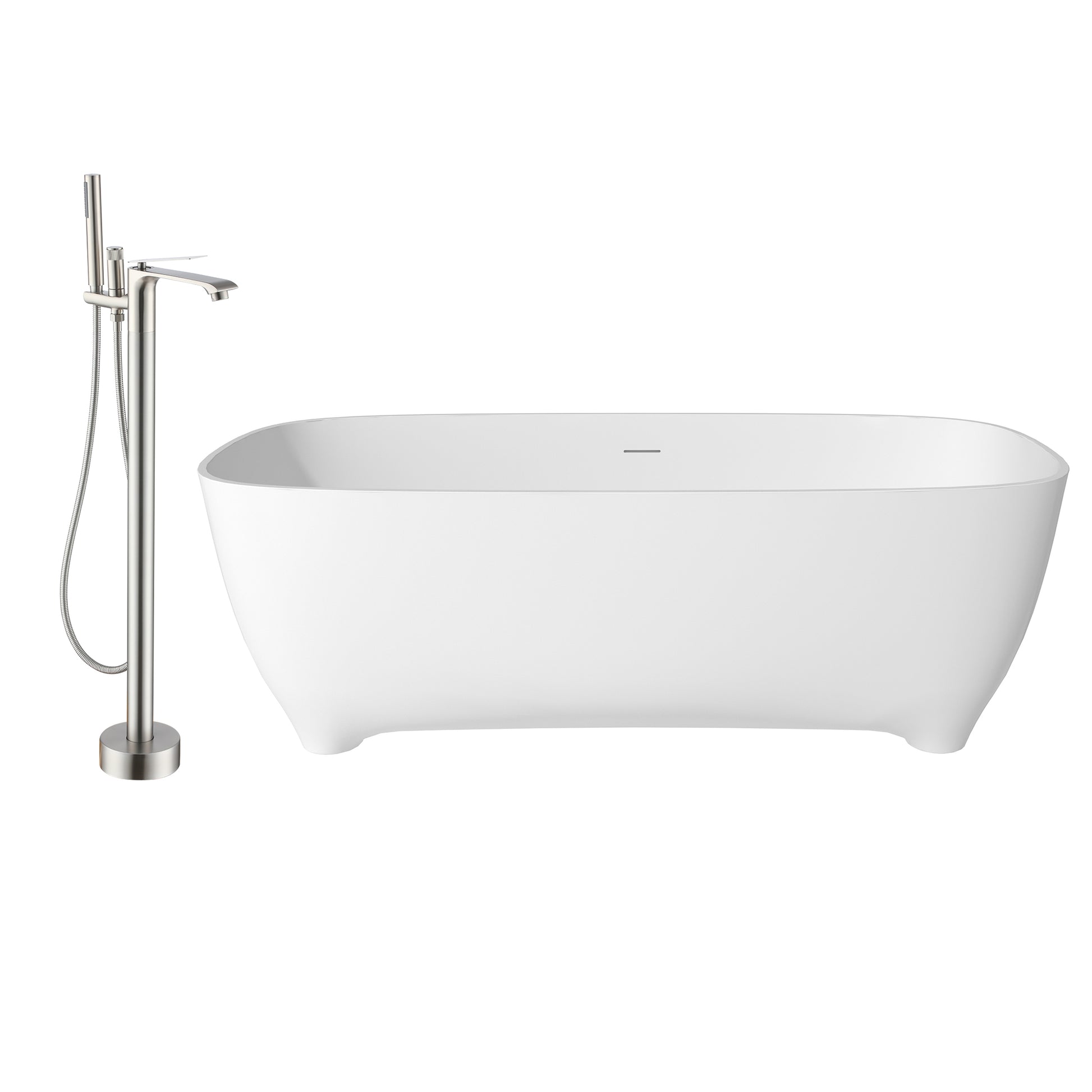 67" Adult-Sized Freestanding Soaking Tub with Raised Pedestal in Matte White, Crafted in Solid Surface Stone(With/without Bathtub Faucet)