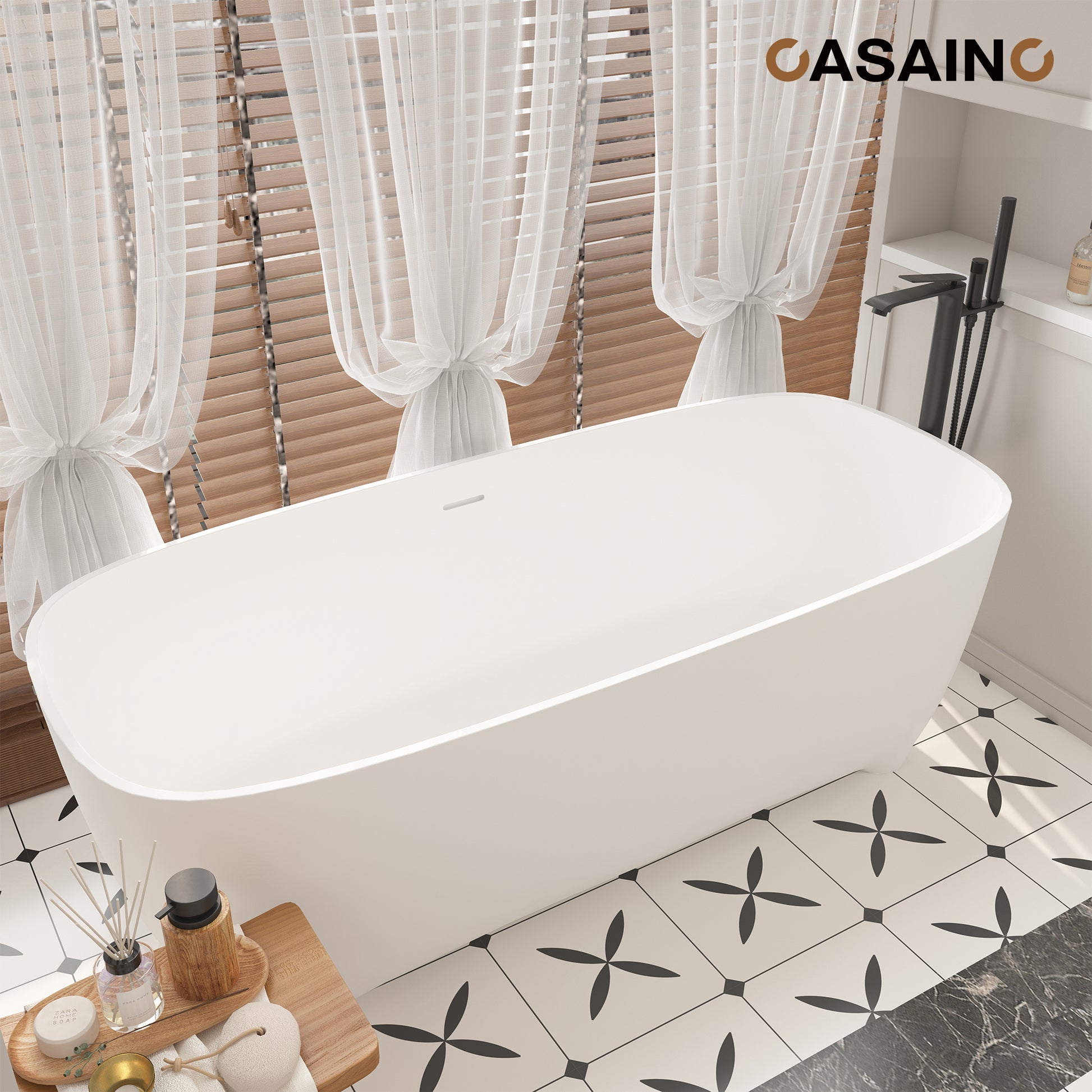 67" Adult-Sized Freestanding Soaking Tub with Raised Pedestal in Matte White, Crafted in Solid Surface Stone(With/without Bathtub Faucet)