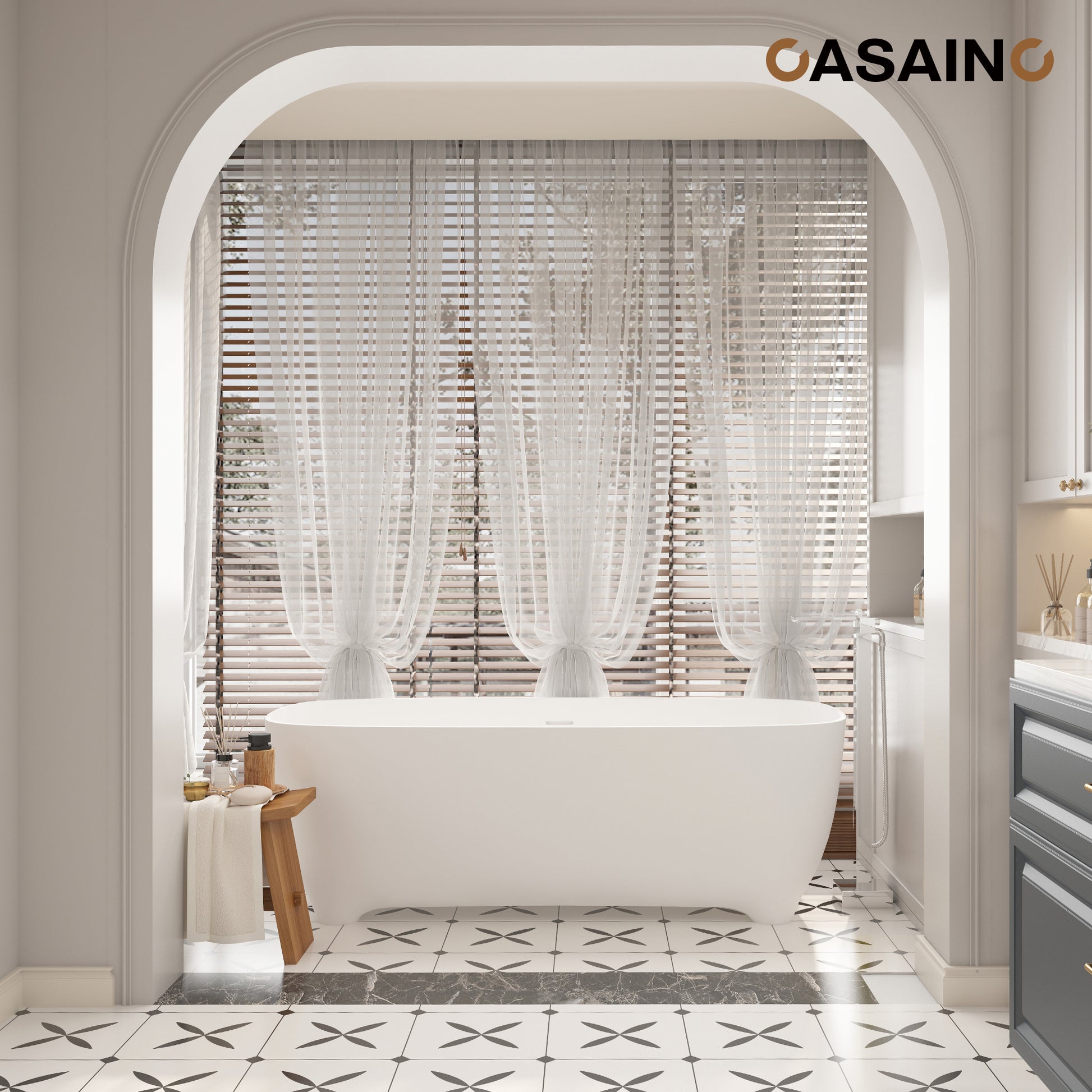 67" Adult-Sized Freestanding Soaking Tub with Raised Pedestal in Matte White, Crafted in Solid Surface Stone(With/without Bathtub Faucet)