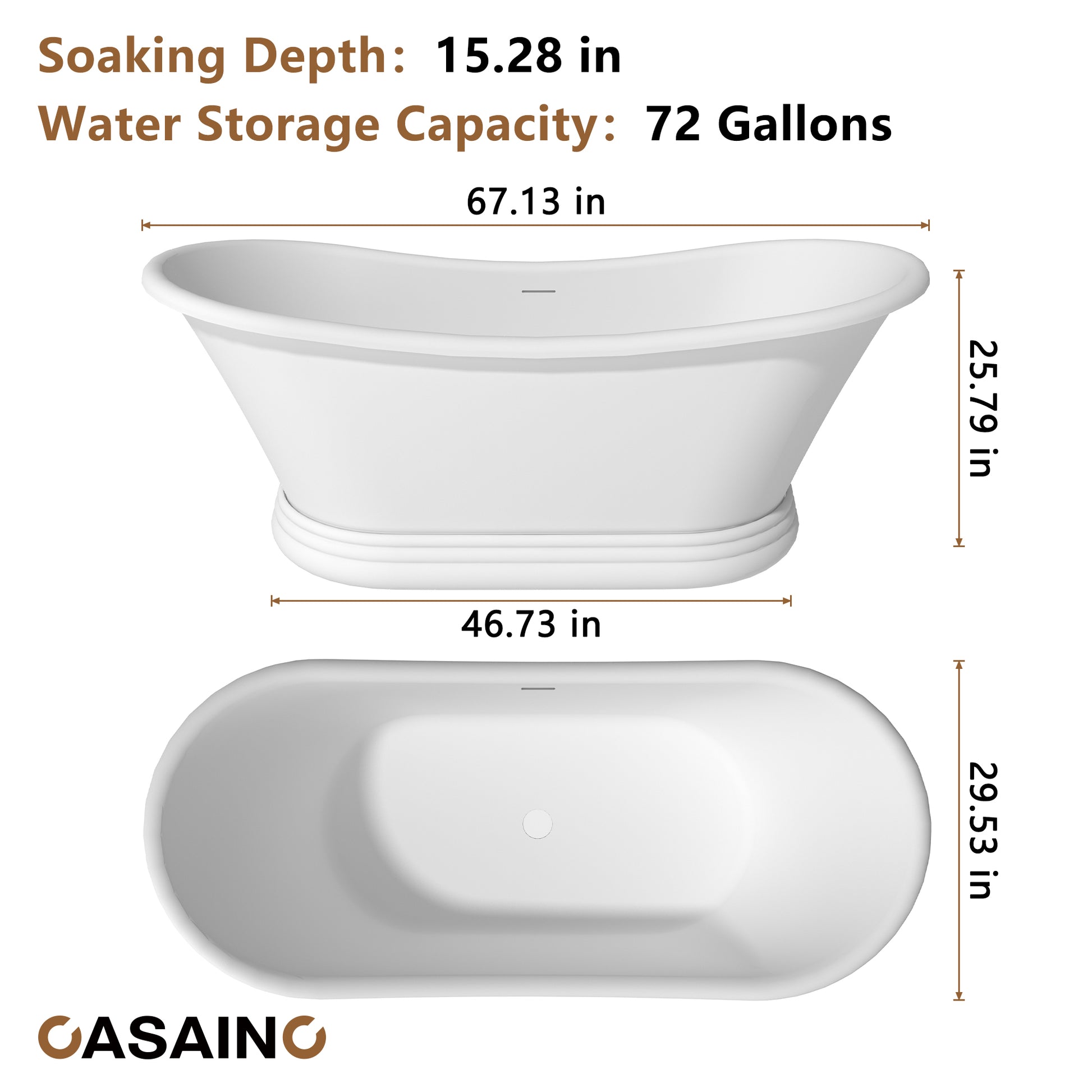 67" Freestanding Solid Surface Stone Bathtub - Matte White Finish, Center Drain, cUPc Certified, Double-Ended High-Back Design(With/without Tub Faucet)